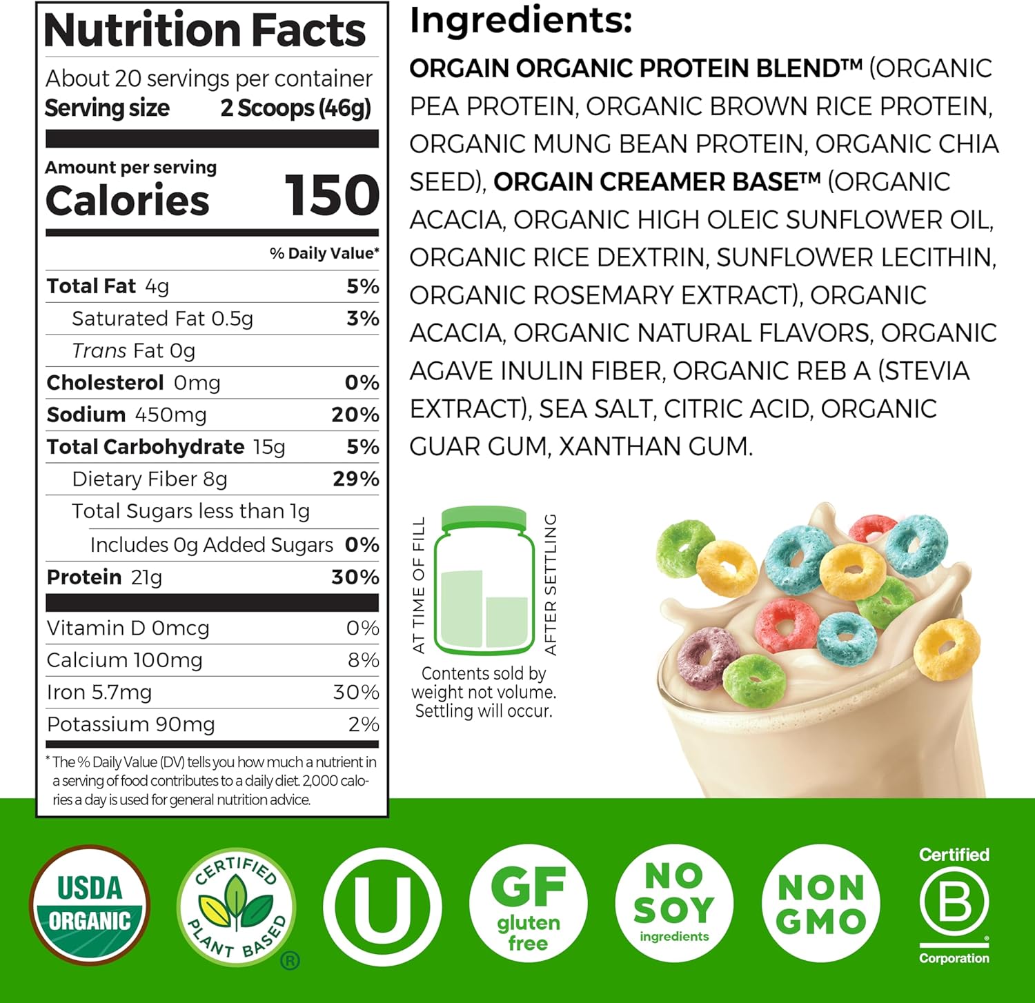 Orgain Organic Vegan Protein Powder, Fruity Cereal - 21g Plant Based Protein, 8g Prebiotic Fiber, Low Net Carb