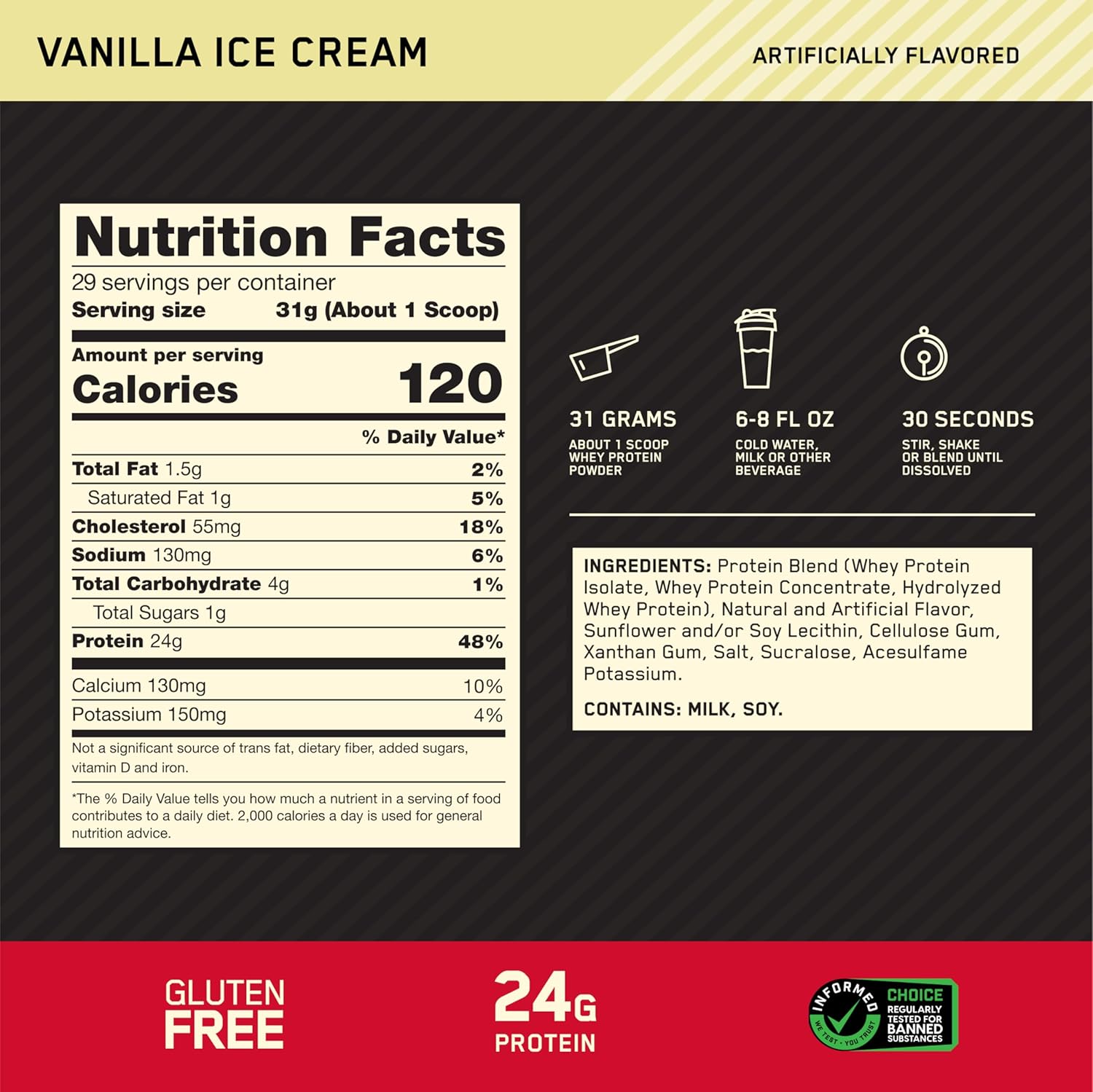 Optimum Nutrition Gold Standard 100% Whey Protein Powder, Vanilla Ice Cream, 2 Pound