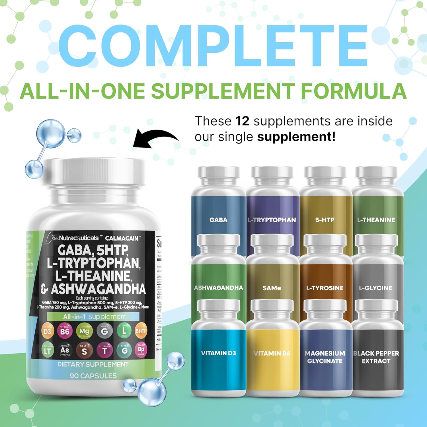 Clean Nutraceuticals GABA 750mg, Mood Support Vitamins for Women and Men with L-Tyrosine 5-HTP (5-Hydroxytryptophan)