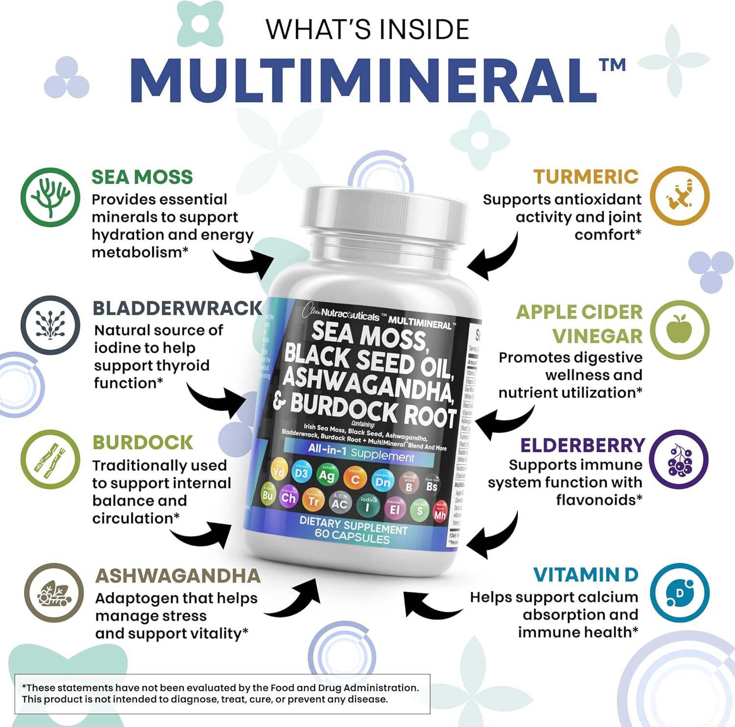 Clean Nutraceuticals Sea Moss Black Seed Oil Ashwagandha Turmeric Bladderwrack Burdock & Vitamin C Vitamin D3