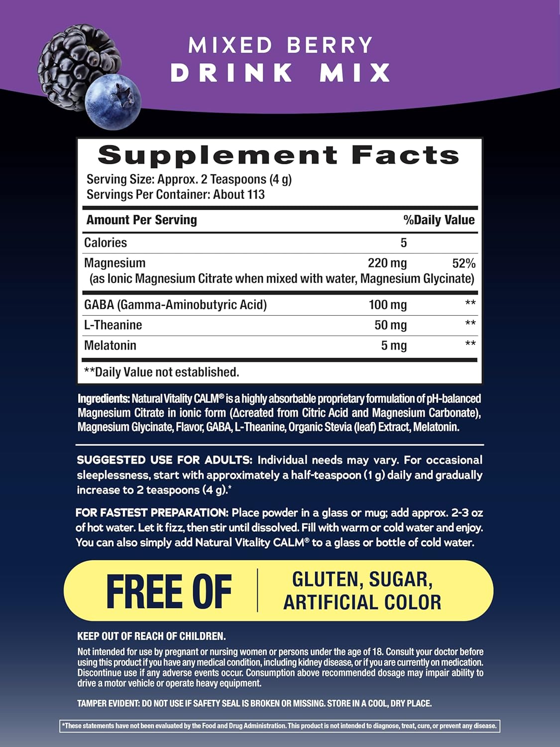 Natural Vitality Calm Sleep, Melatonin & Magnesium Citrate, Gluten Free Non-GMO, Mixed Berry, 16 Oz