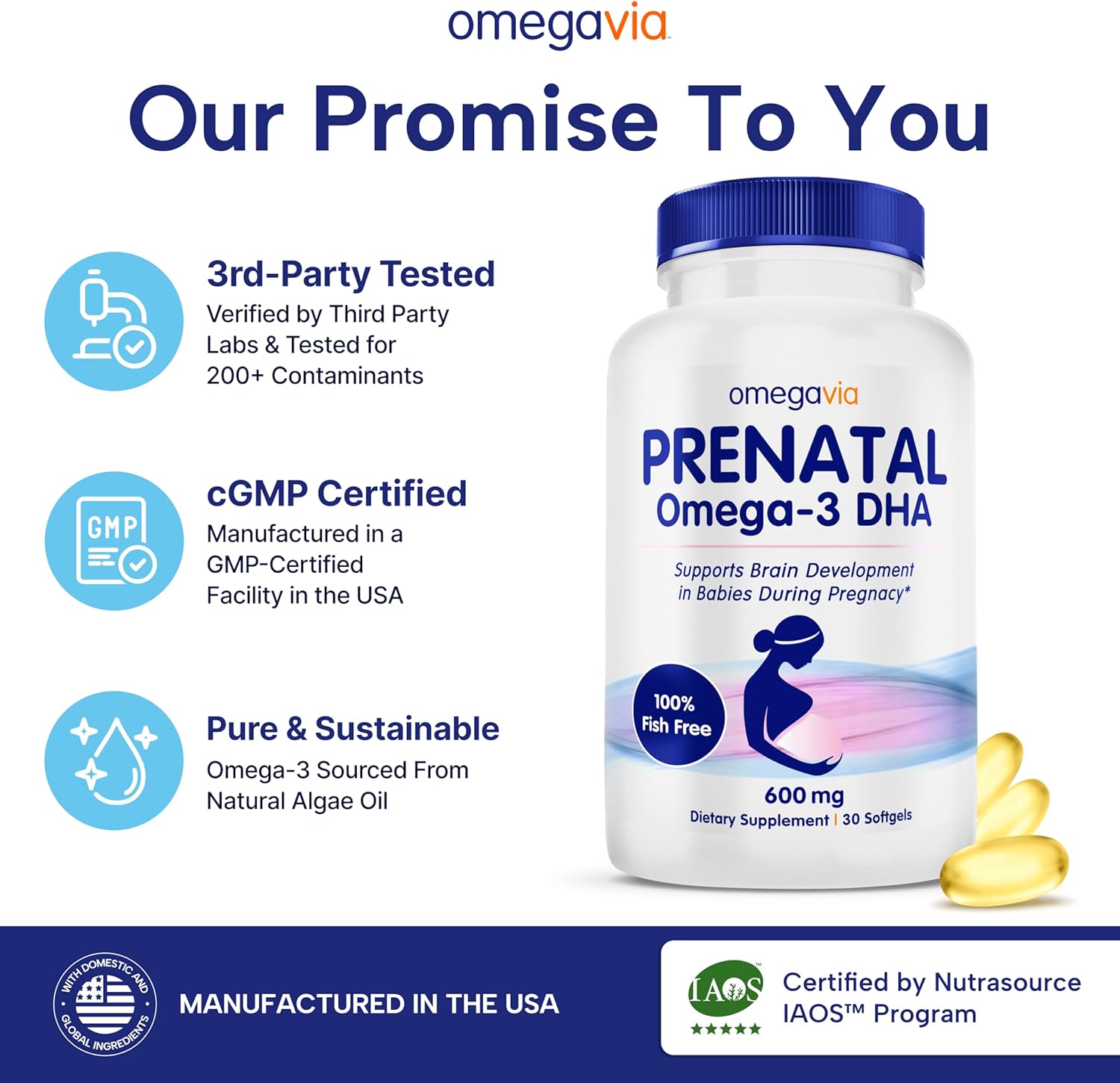 OmegaVia Prenatal DHA 600mg | Fish-Free Omega-3 Supplement | 30 Easy-to-Swallow Softgels