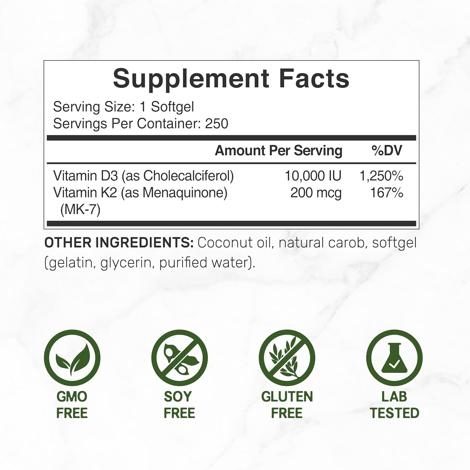 DEAL SUPPLEMENT Vitamin D3 10,000 IU + K2 MK7 200mcg Softgels, 250 Count | 2-in-1 Complex with Virgin Coconut Oil