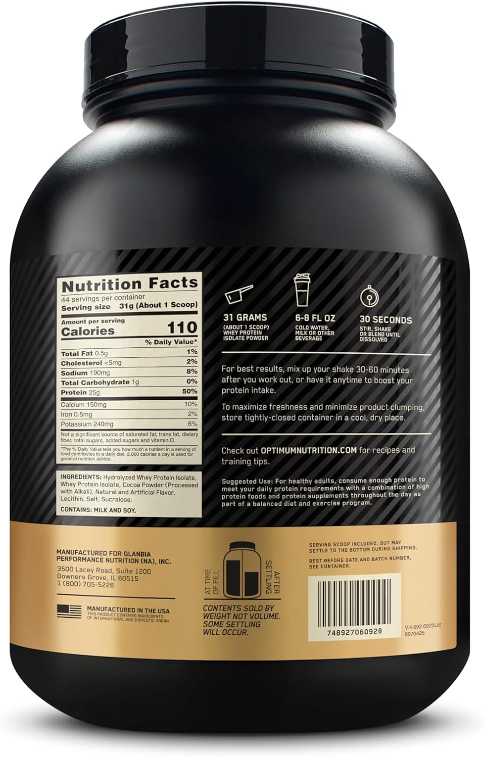 Optimum Nutrition Gold Standard 100% Isolate, Protein Powder, Chocolate Bliss, 3 Pounds, 44 Servings. Whey Protein Isolate