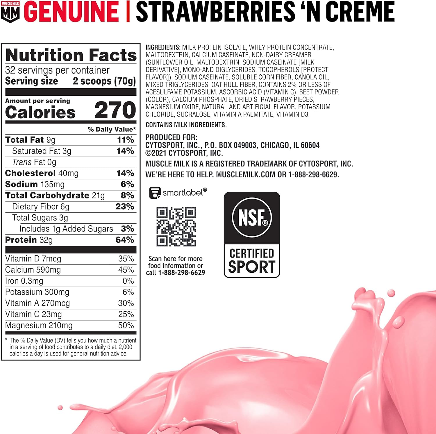 Muscle Milk Genuine Protein Powder, Strawberries 'N Crème, 32g Protein, 4.94 Pound
