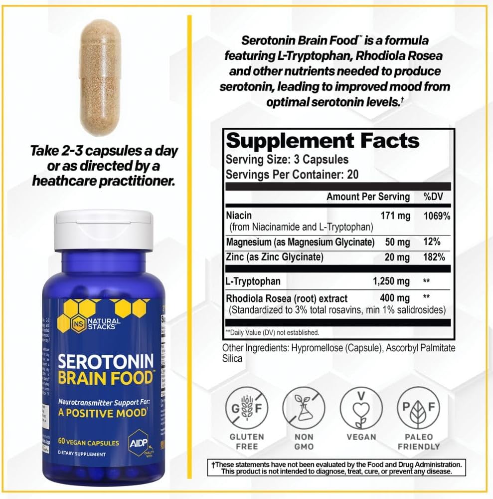 Serotonin Brain Food - 1250mg L-Tryptophan & 400mg Rhodiola Rosea Supplement, 60 Capsules