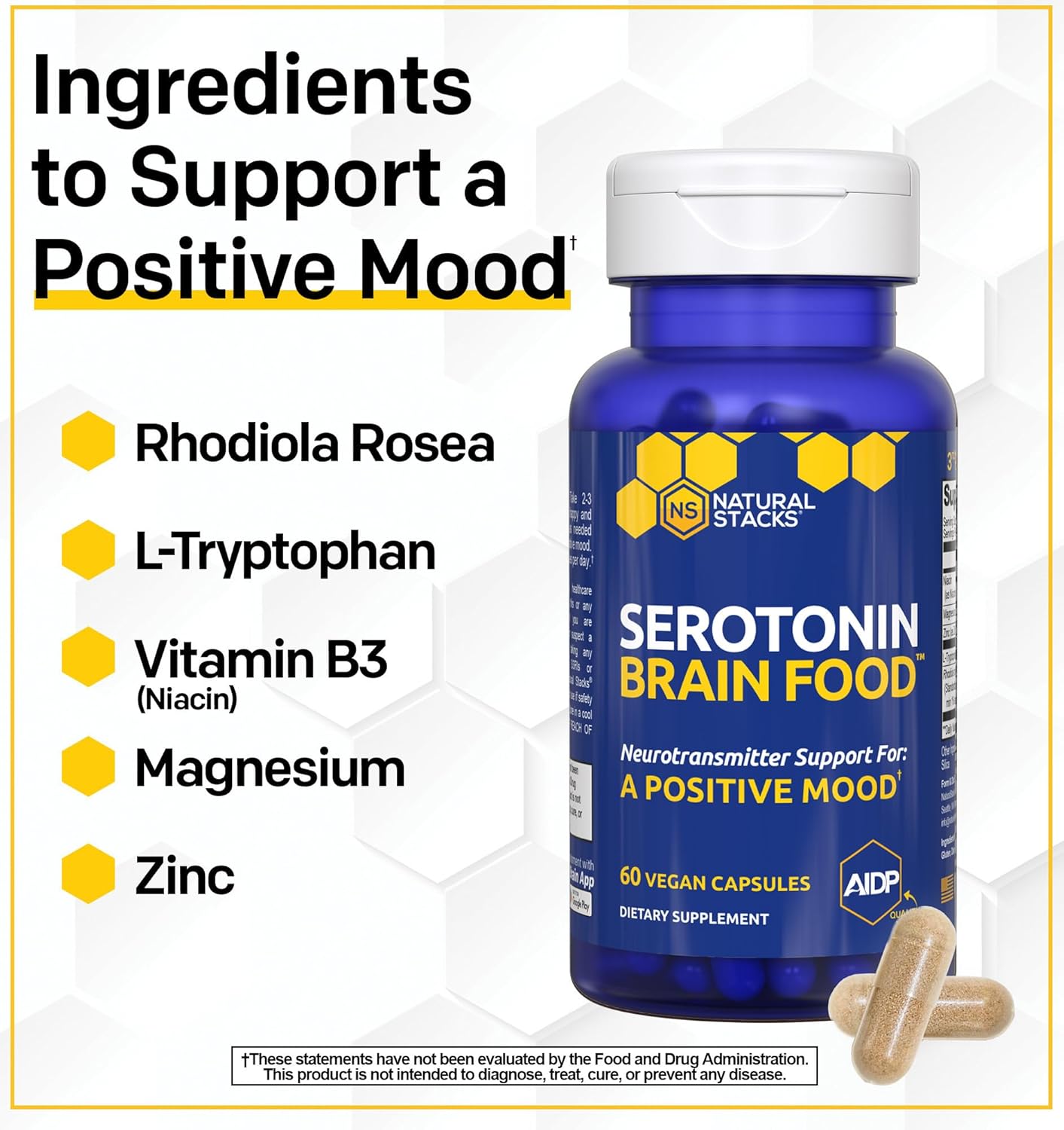 Serotonin Brain Food - 1250mg L-Tryptophan & 400mg Rhodiola Rosea Supplement, 60 Capsules