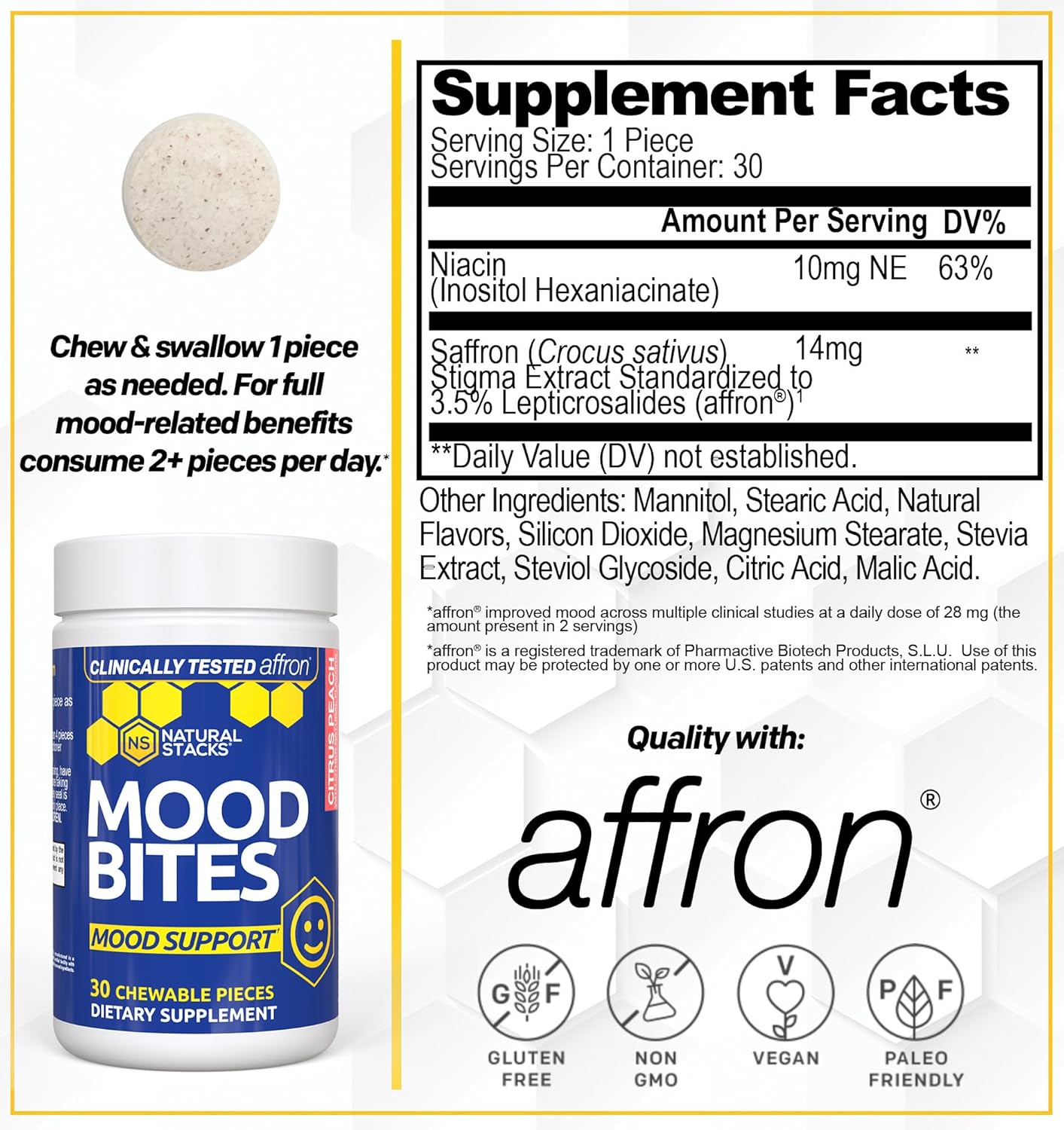 Saffron Supplement with Vitamin B3 - Mood Support Supplement - 14mg Saffron Extract & 62mg Vitamin B3 Niacin, 30 Citrus Peach Chewables