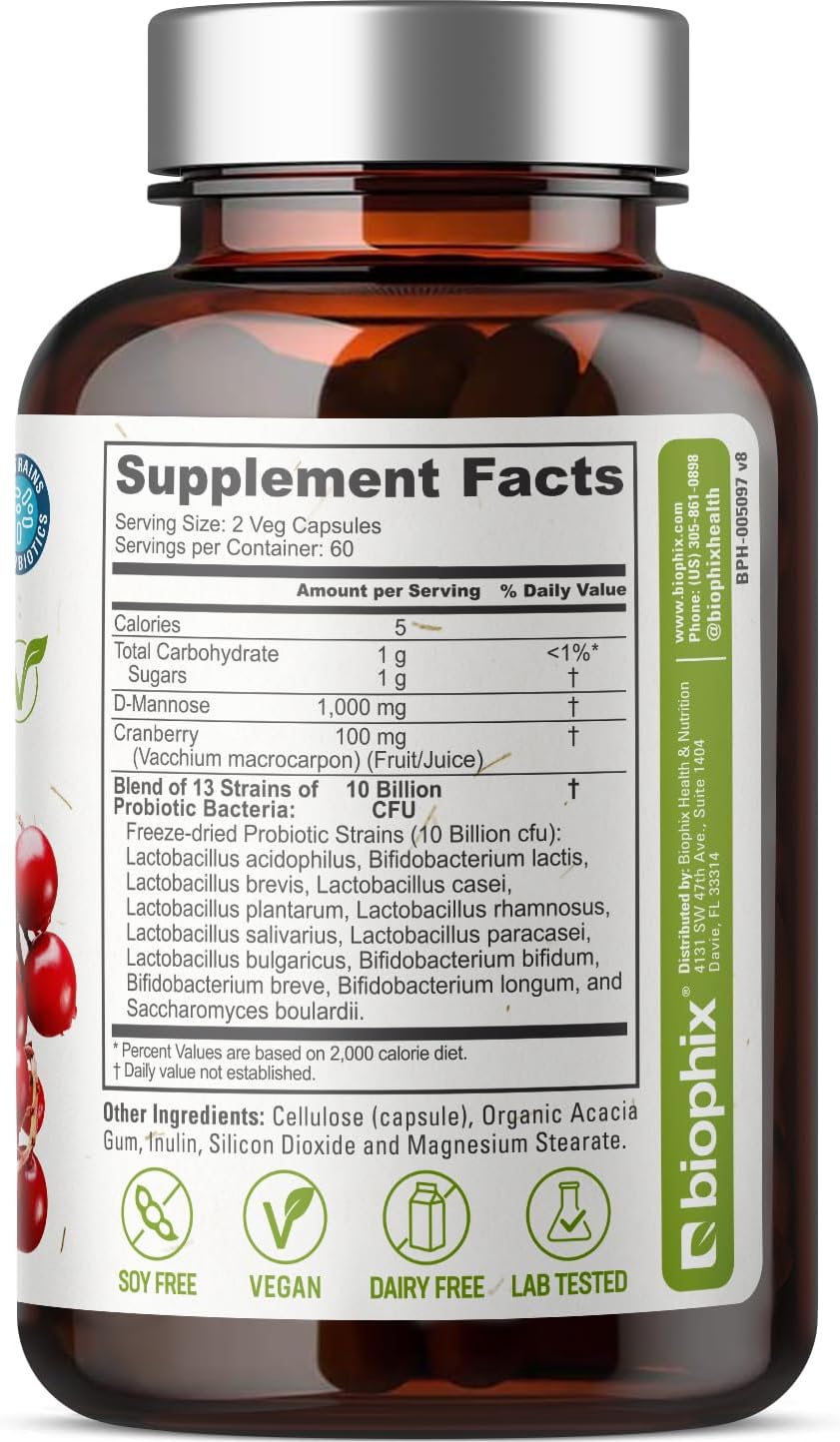 biophix D-Mannose 1000mg Capsules with Cranberry & Probiotics - D Mannose Supplements for Women, 120 Vcaps