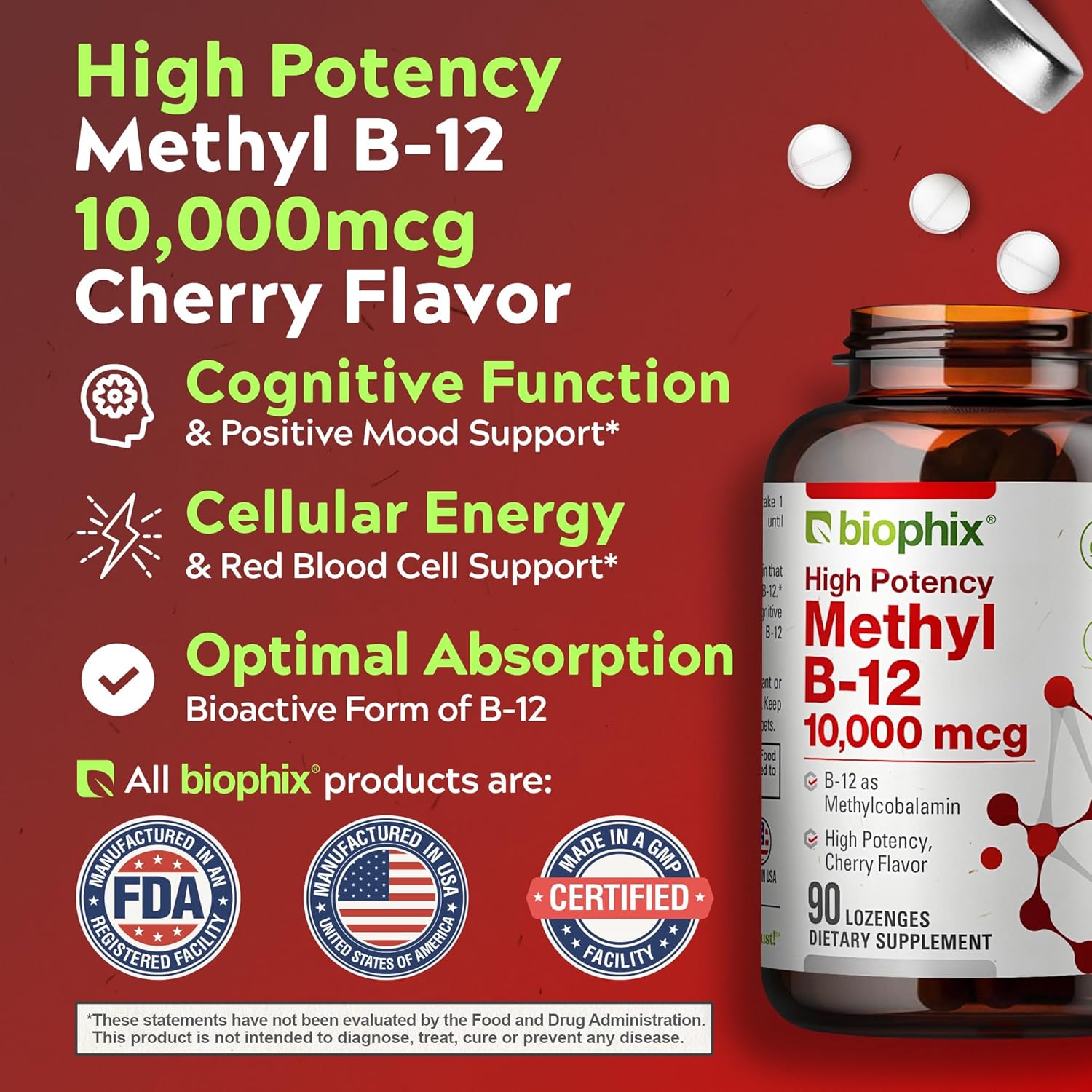 biophix Methyl B-12 10000 mcg 90 Vegan Lozenges Cherry Flavor Extra Strength