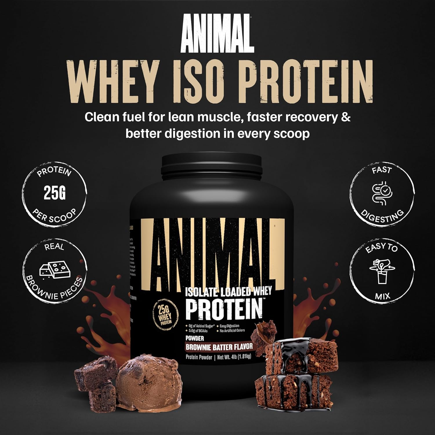 Animal Whey Isolate Protein Powder -25g Protein, Great Taste, Low Sugar - Brownie Batter 4 lbs