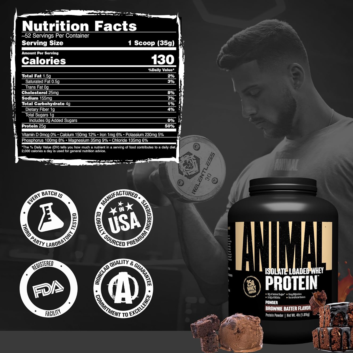 Animal Whey Isolate Protein Powder -25g Protein, Great Taste, Low Sugar - Brownie Batter 4 lbs