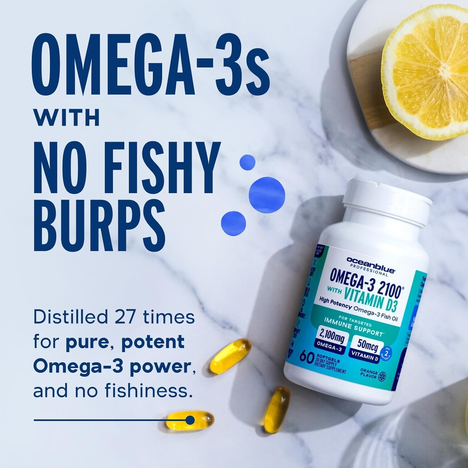 Oceanblue Professional Omega-3 2100 with Vitamin D3 – 60 ct – Triple Strength Burpless Fish Oil Supplement (30 Servings)