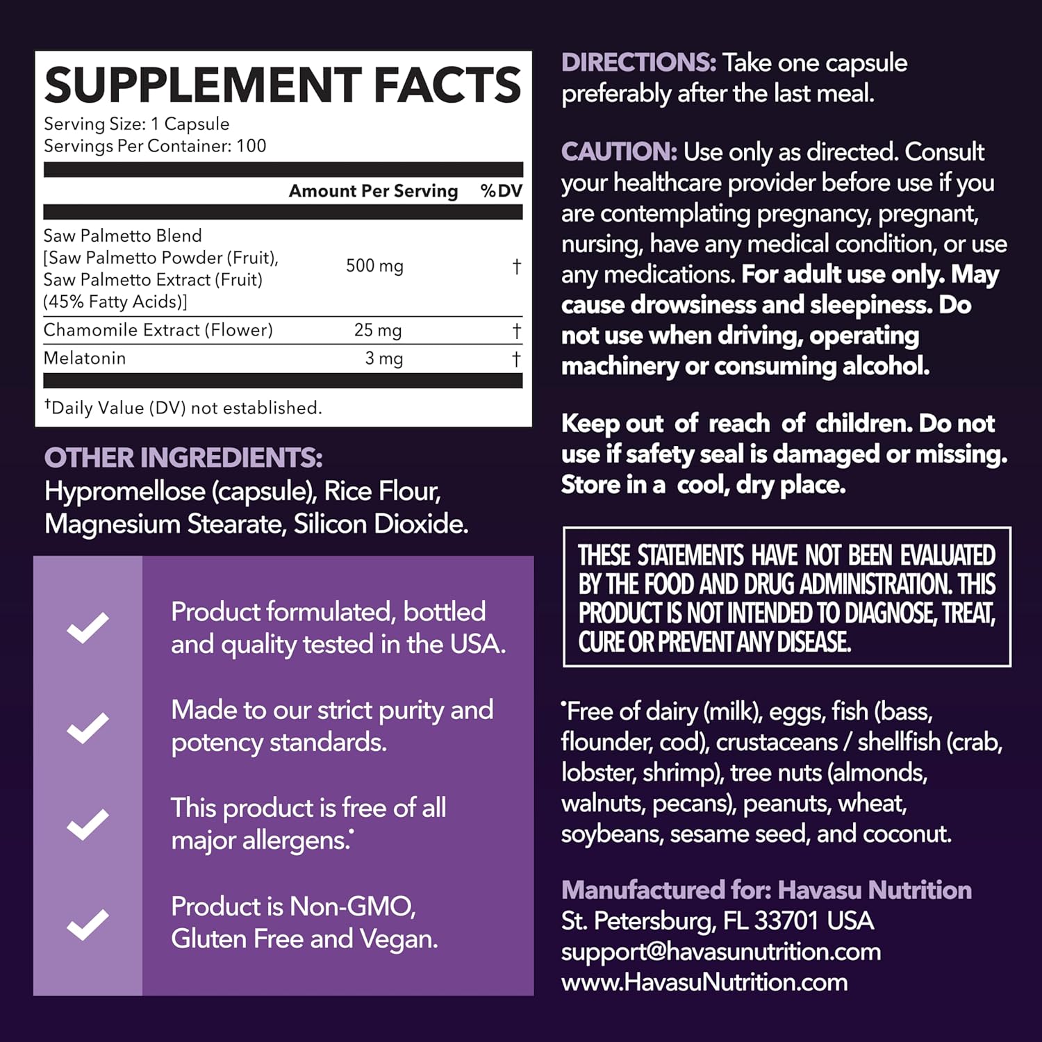 Saw Palmetto PM for Men with Melatonin 3mg - Night Time Prostate Health Supplement - 100 Count - Vegan