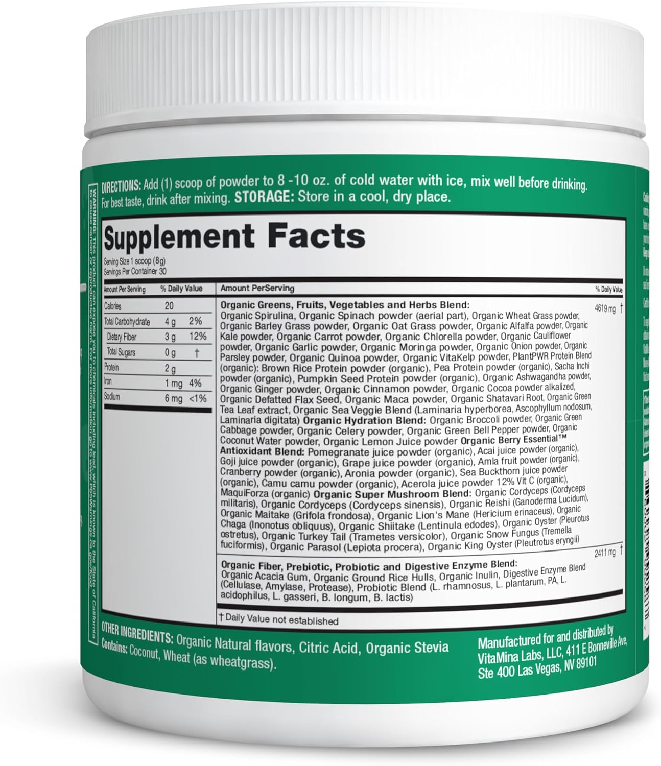 Zena Nutrition Organic Super Greens Powder, 70+ Superfoods, 0 Sugar, 3G Fiber, Spirulina 30 Servings