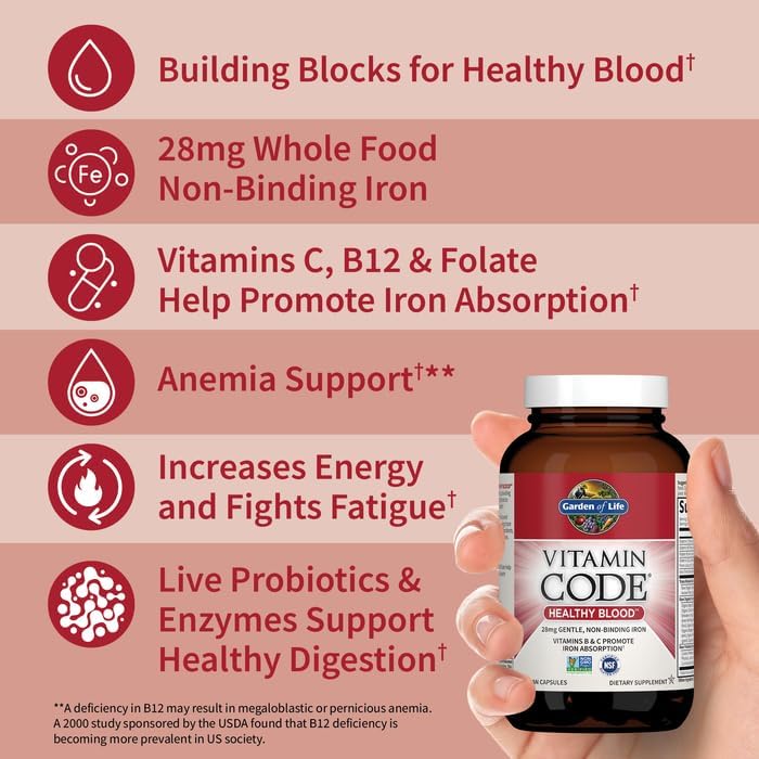 Garden of Life Vitamin Code Healthy Blood - Iron Supplement for Women, 60 Vegan Capsules