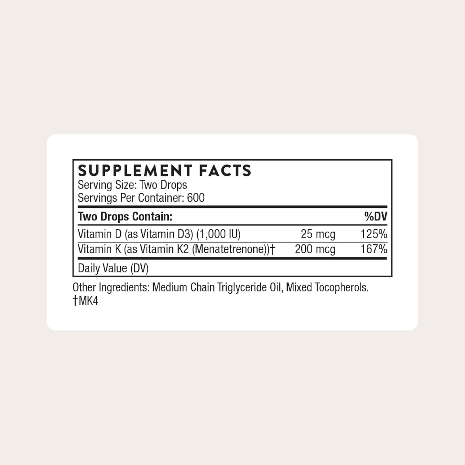 THORNE - Vitamin D + K2 Liquid with a Metered Dispenser - 600 Servings