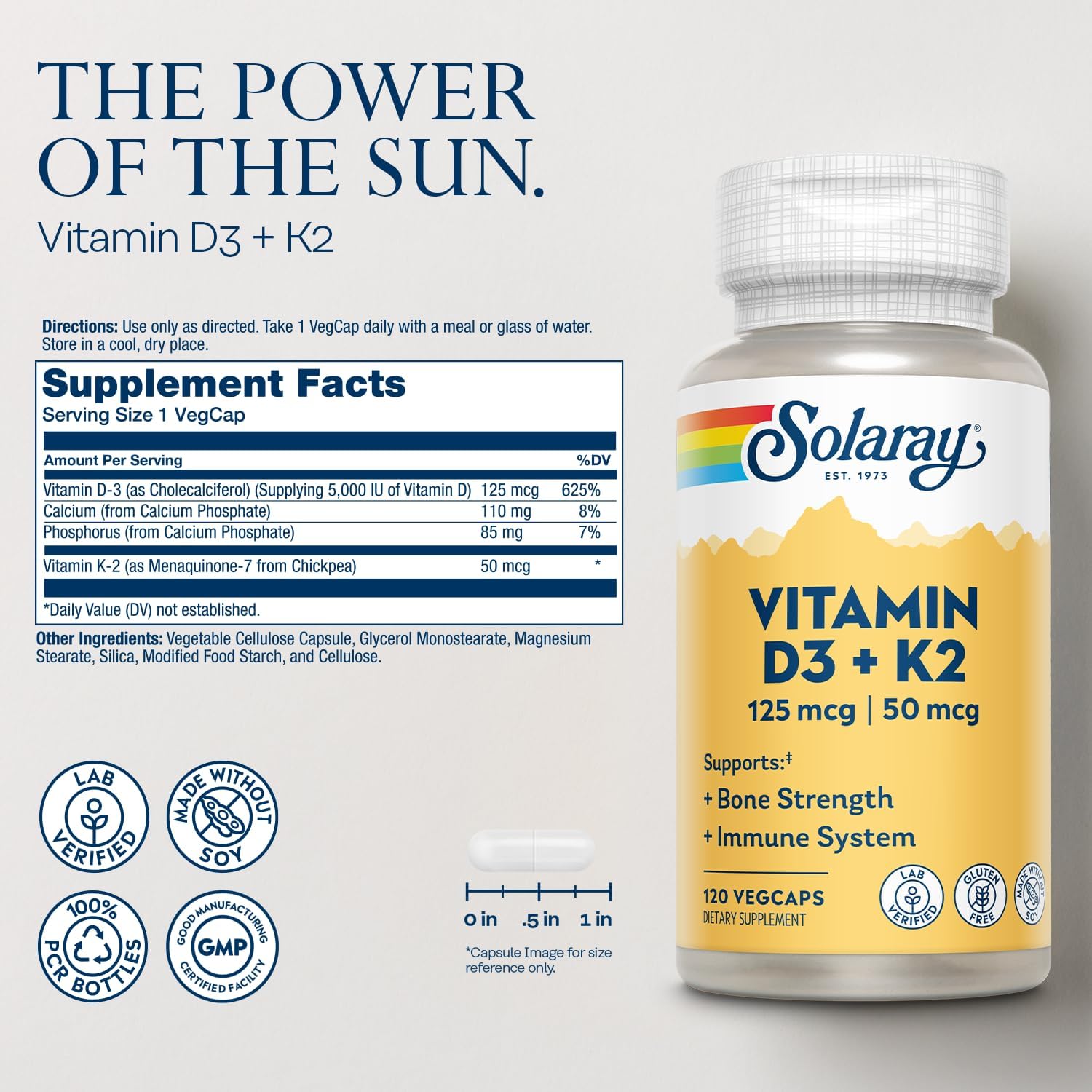 SOLARAY Vitamin D3 K2 - Bone Health and Immune Support Supplement - With 5000 IU Vitamin D 120 Serv, 120 VegCaps