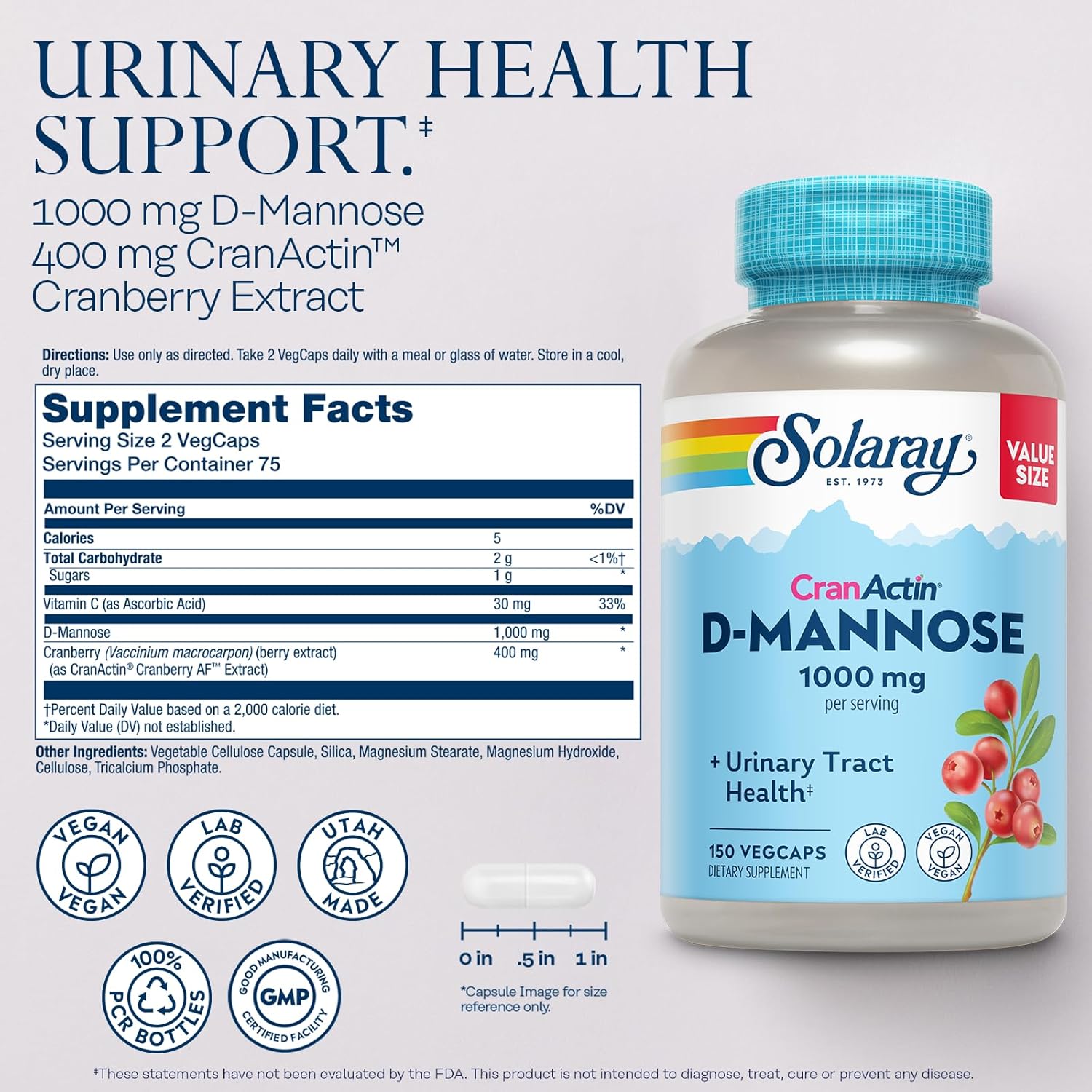 Solaray D-Mannose 1000mg with CranActin Cranberry Supplement 400mg 75 Servings, 150 VegCaps