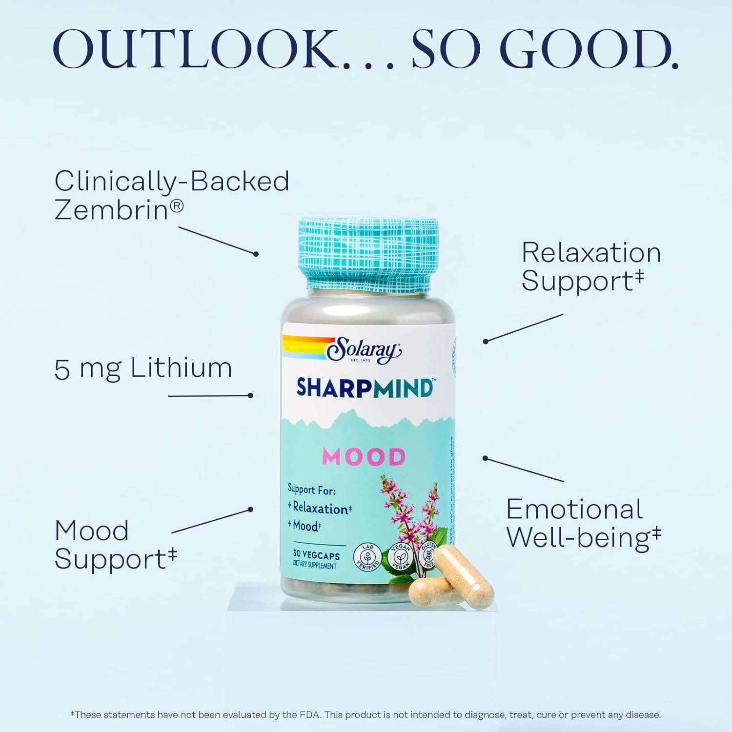 SOLARAY SharpMind Mood Support Supplement, Nootropic for Relaxation and Emotional Well 30 Servings, 30 VegCaps