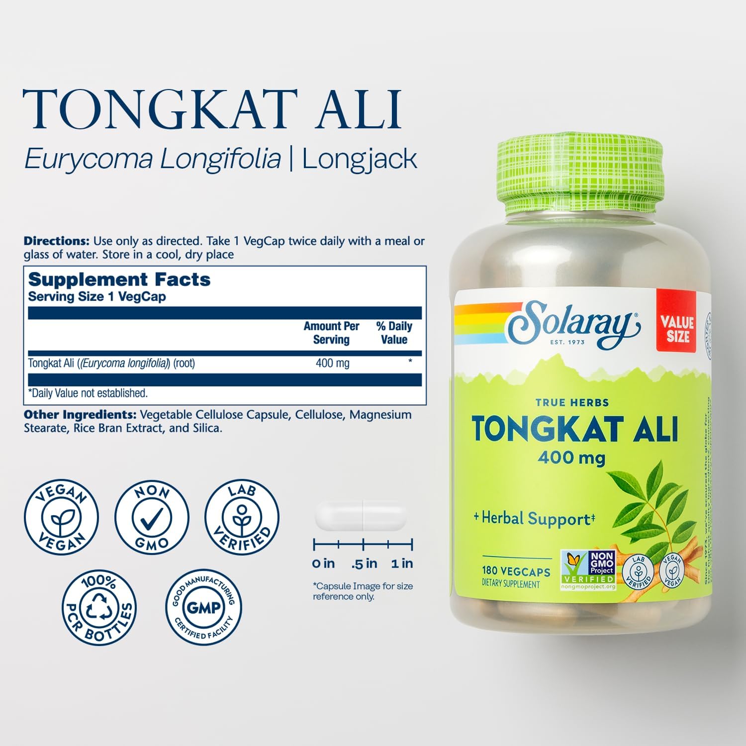 SOLARAY Tongkat Ali 400 mg - Longjack Tongkat Ali for Men 180 Servings, 180 VegCaps