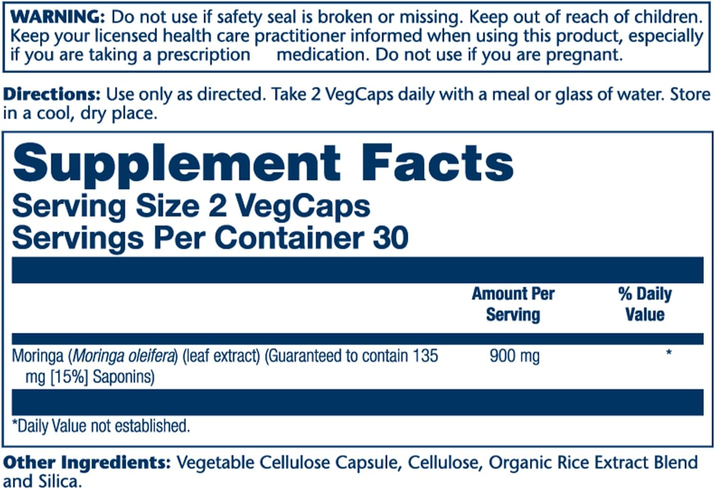 SOLARAY Moringa Capsules 900 mg - Moringa Supplement with 135 mg Saponins 30 Serv, 60 VegCaps