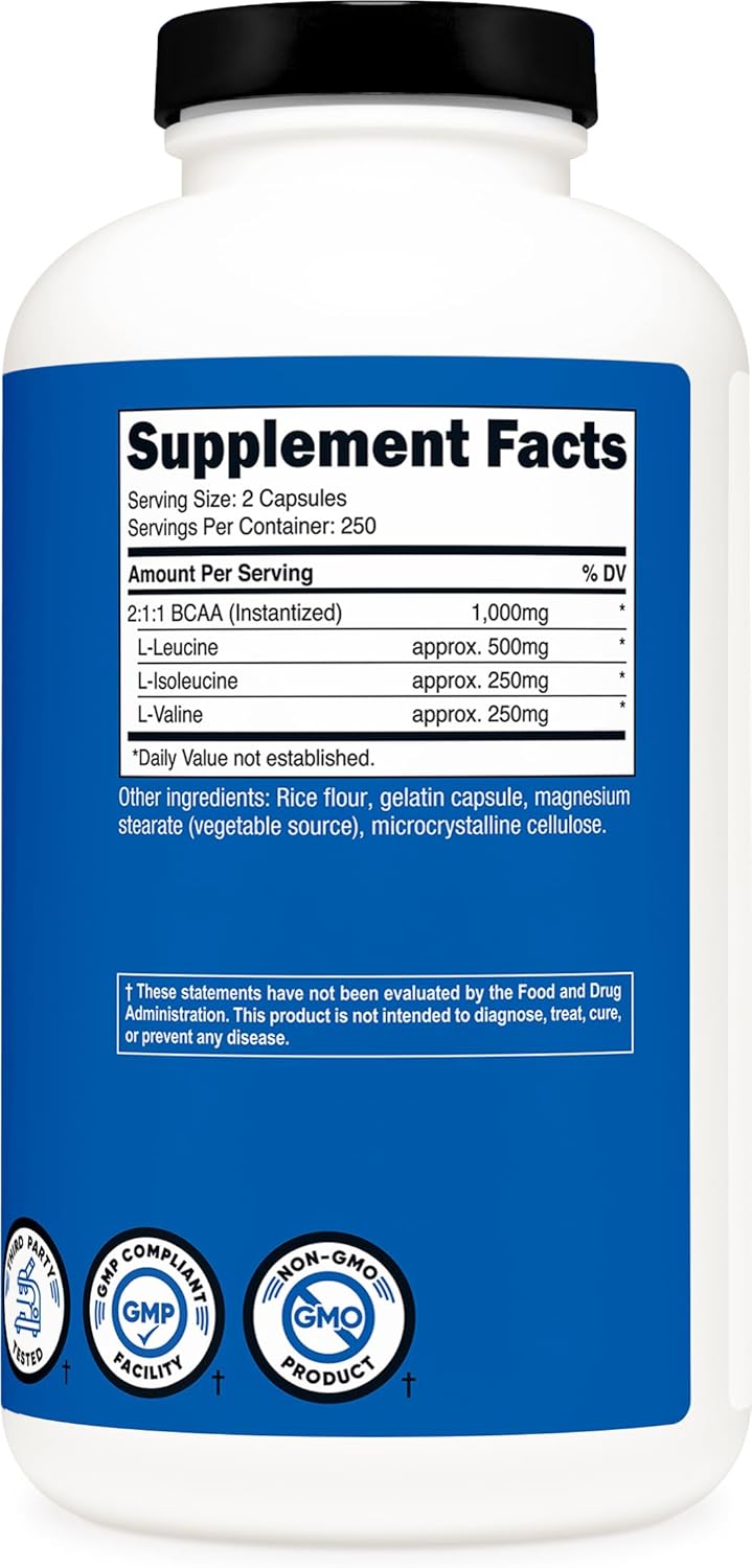 Nutricost BCAA 1000mg, 500 Capsules (250 Serv), 2:1:1 Branched Chain Amino Acids (500mg of L-Leucine, 250mg of L-Isoleucine and L-Valine)