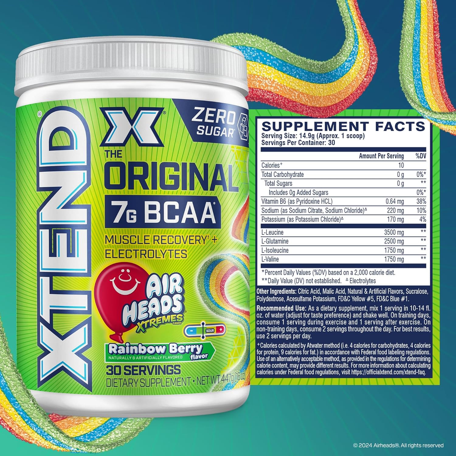 Xtend Original BCAA Powder Airheads Rainbow Berry Flavor, 7g BCAA and 2.5g L-Glutamine,30 Servings
