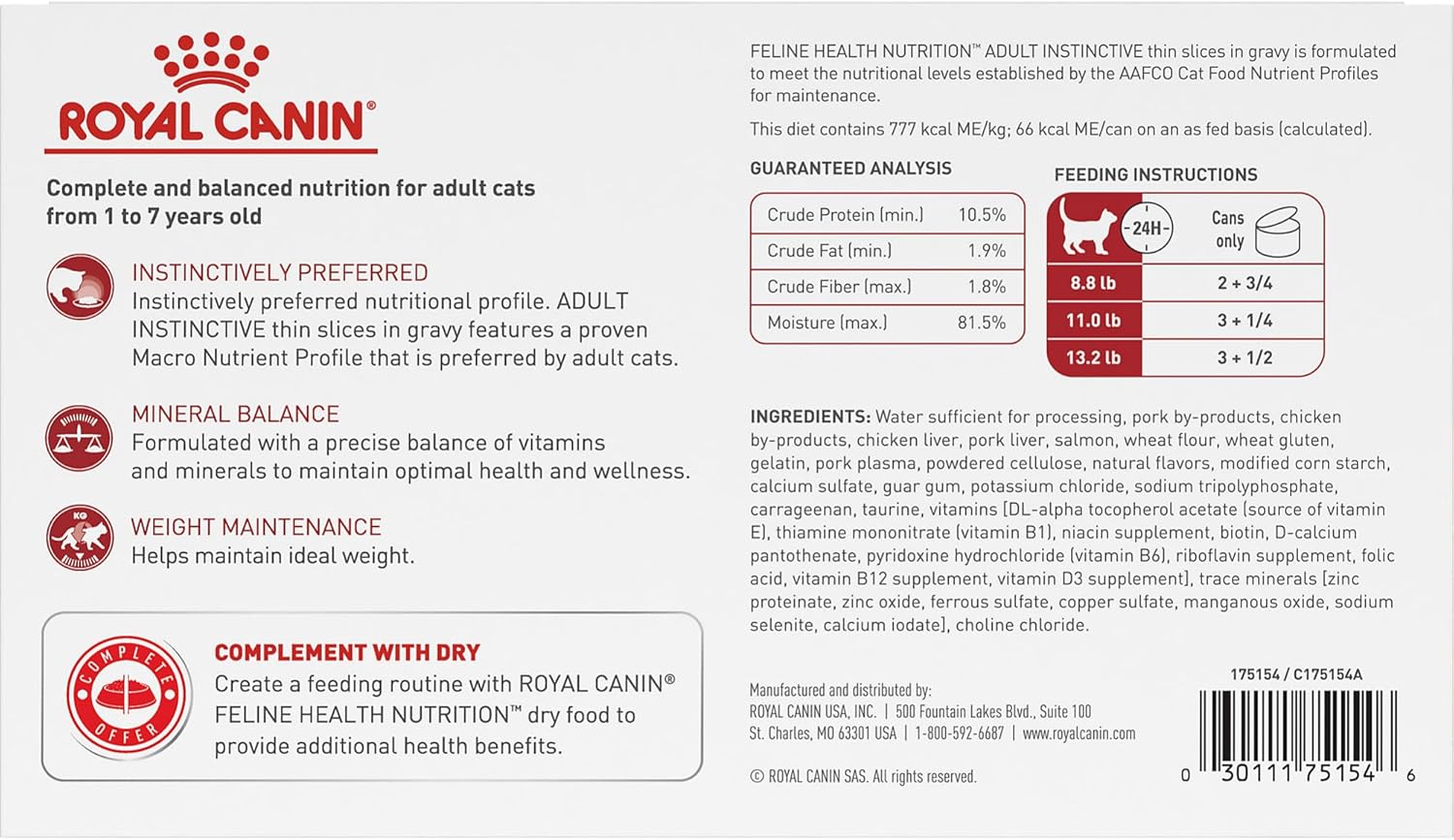 Royal Canin Feline Health Nutrition Adult Instinctive Adult Thin Slices in Gravy Cat Food, 3 oz (Pack of 18)