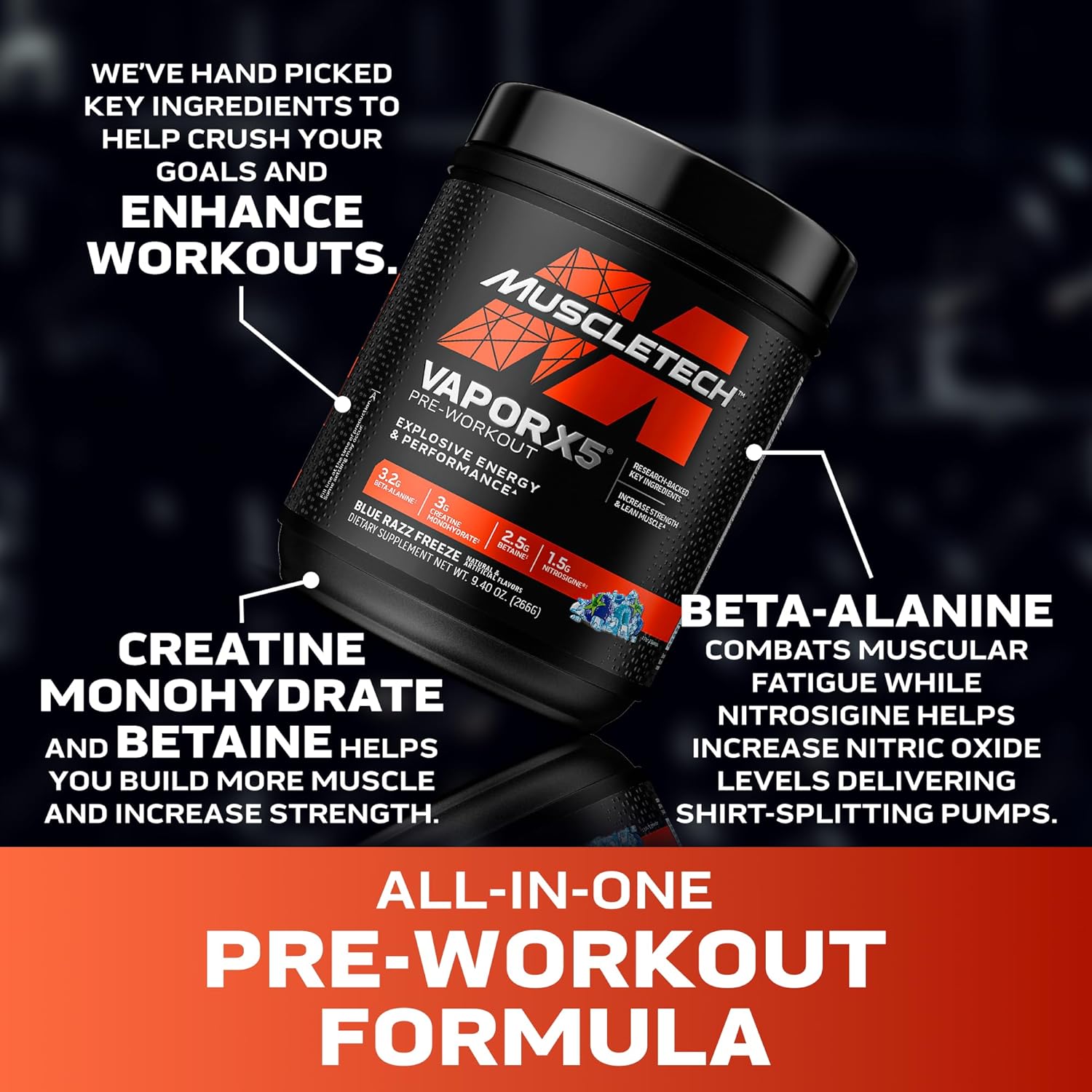 MuscleTech Pre-Workout Powder, Vapor X5 - Blue Razz Freeze, 266g (30 Servings)