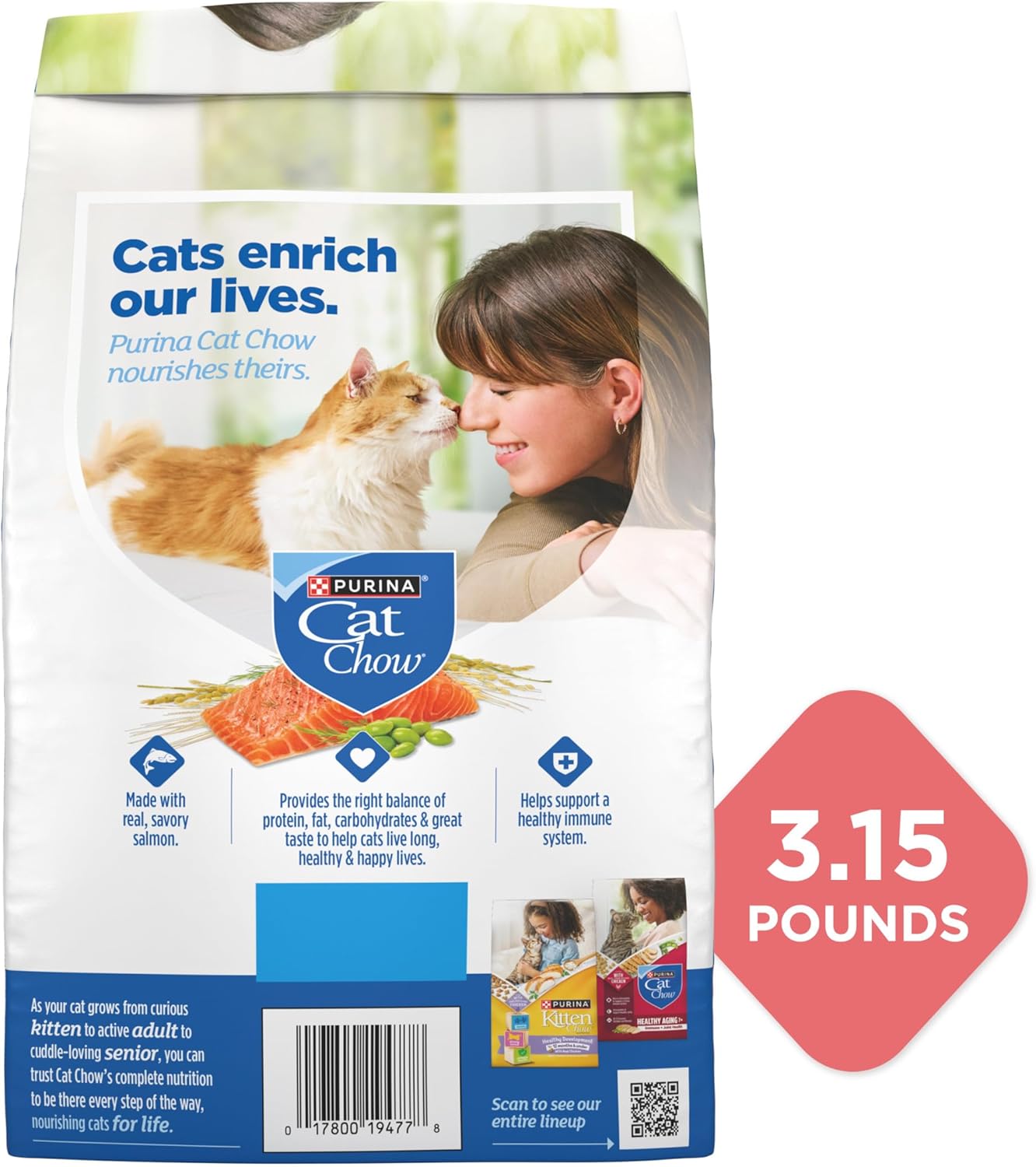 Purina Cat Chow Complete High Protein Dry Cat Food With Real Salmon - (Pack of 4) 3.15 lb. Bags