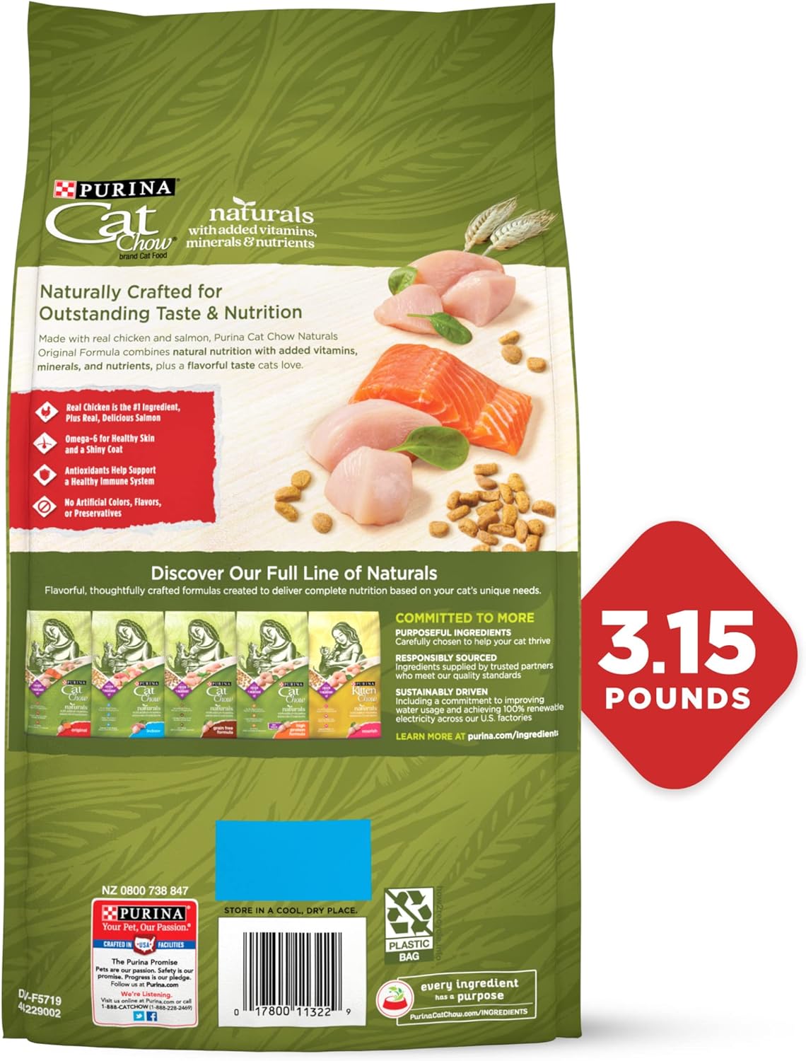 Purina Cat Chow Naturals With Added Vitamins, Minerals and Nutrients - (Pack of 4) 3.15 lb. Bags