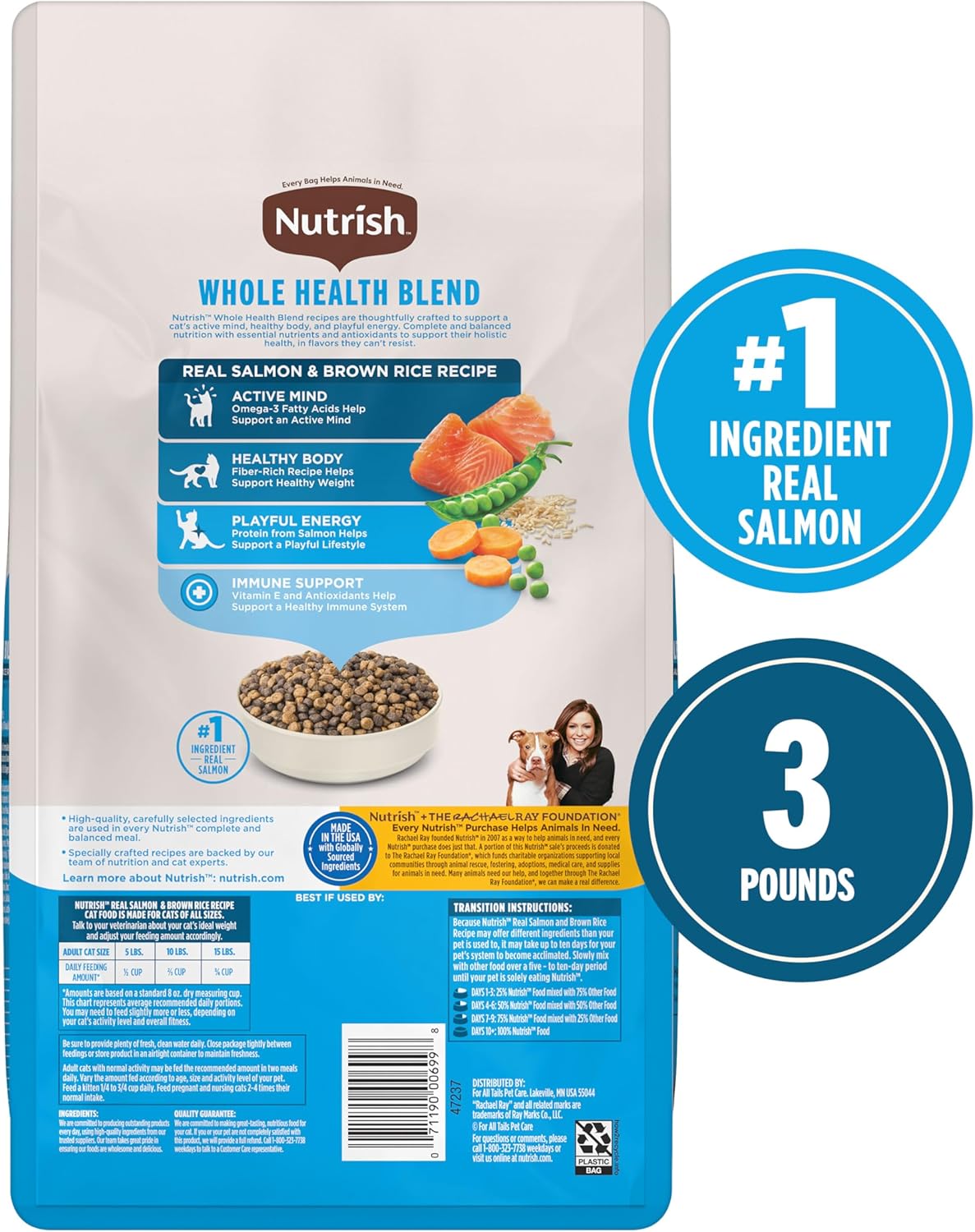 Nutrish Dry Cat Food, Real Salmon & Brown Rice Recipe Whole Health Blend, 3 lb. Bag (Rachael Ray)