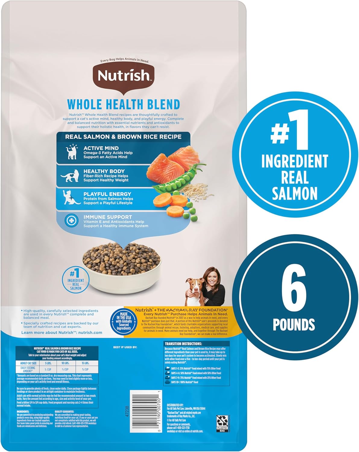 Nutrish Real Salmon & Brown Rice Recipe Dry Cat Food, 6 lb. Bag, Packaging May Vary (Rachael Ray)