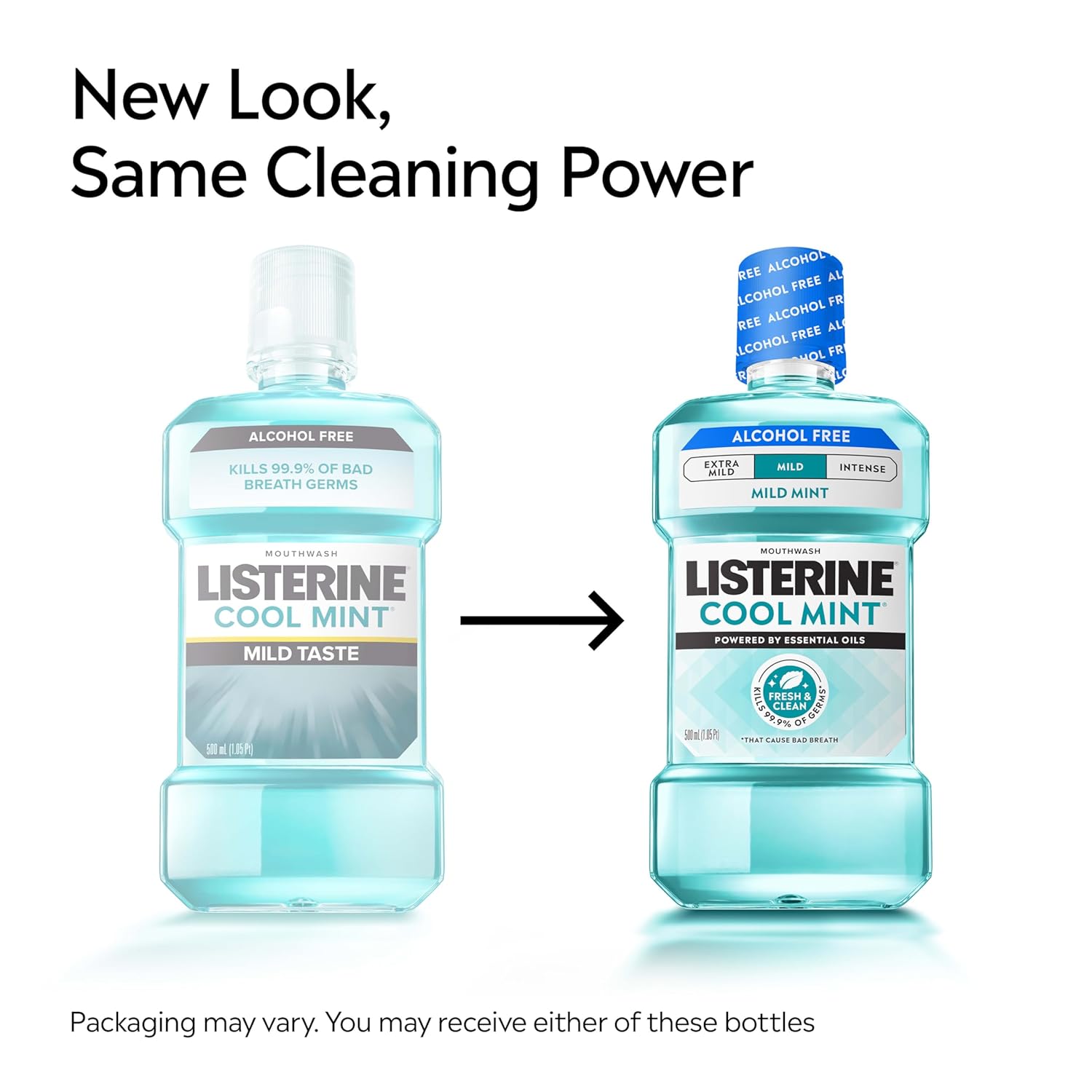 Listerine Cool Mint Alcohol-Free Mild Mouthwash, Oral Rinse Kills 99.9% of Germs That Cause Bad Breath, Less Intense Taste, Mild Mint Flavor, 1 L