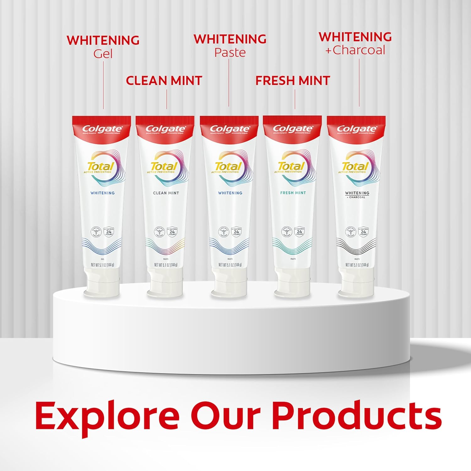 Colgate Total Active Prevention Whitening Gel Toothpaste with Fluoride, Bulk with Clinically Proven Formula That Fights Plaque Bacteria, Mint, 4 Pack, 5.1 oz