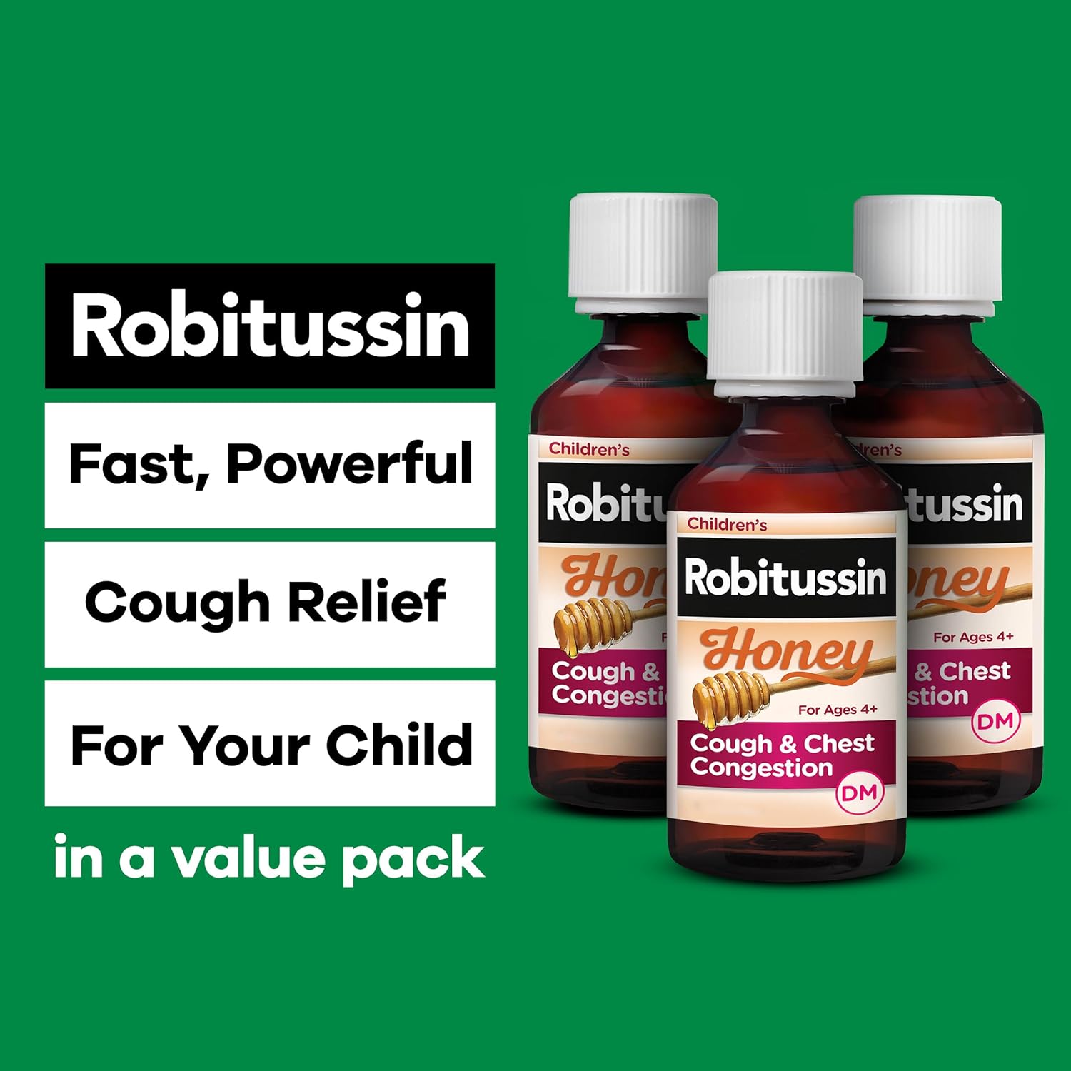 Children's Robitussin Honey Cough and Chest Congestion DM, Children's Cough Medicine Made with Real Honey for Flavor - 4 Fl Oz x 3