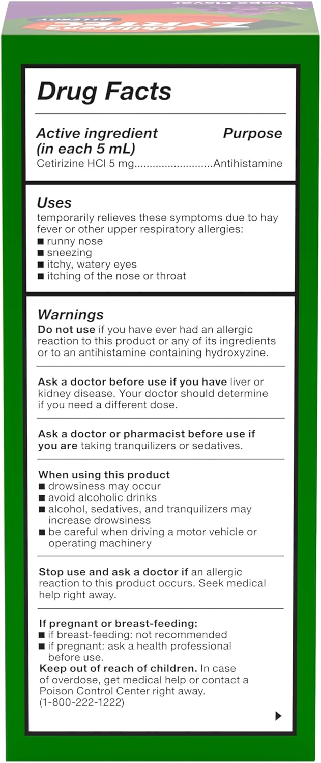 Zyrtec Children’s 24-Hour Allergy Relief Syrup, 5 mg Cetirizine Hydrochloride Antihistamine, 8 fl oz