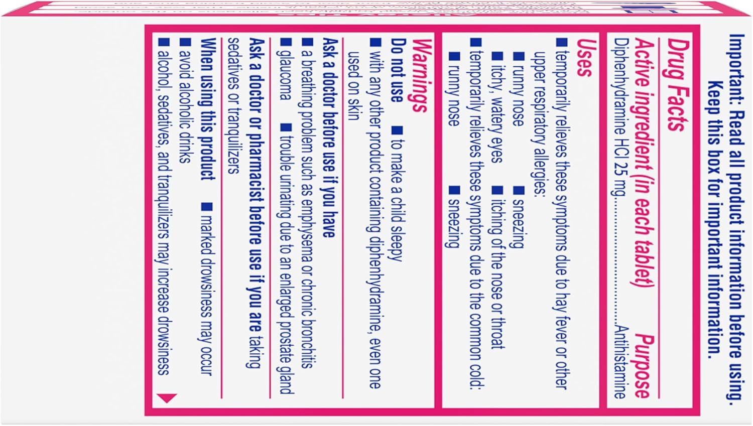 Benadryl Ultratabs Allergy Medicine, 25 mg Diphenhydramine HCl Antihistamine Tablets, 100 Count Tablets