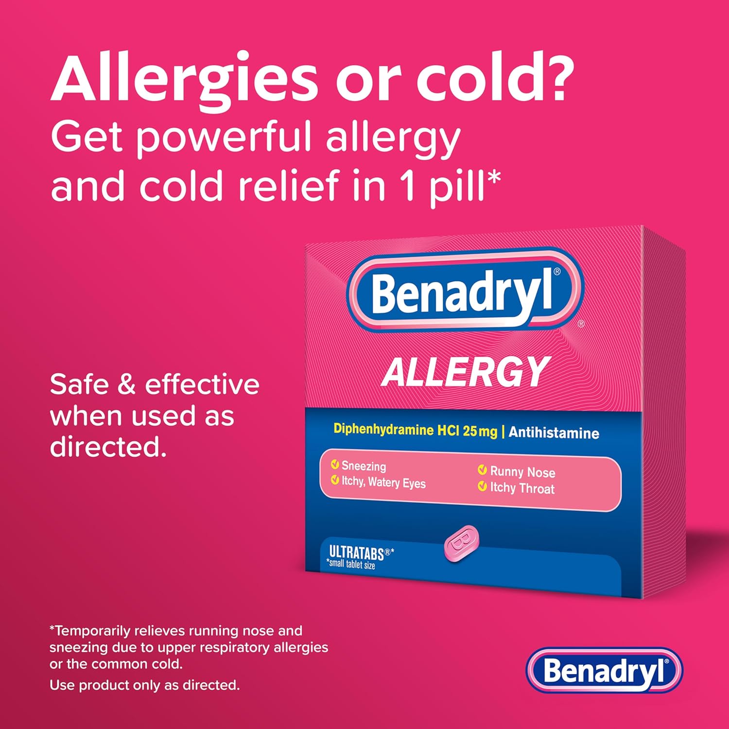 Benadryl Ultratabs Allergy Medicine, 25 mg Diphenhydramine HCl Antihistamine Tablets, 100 Count Tablets
