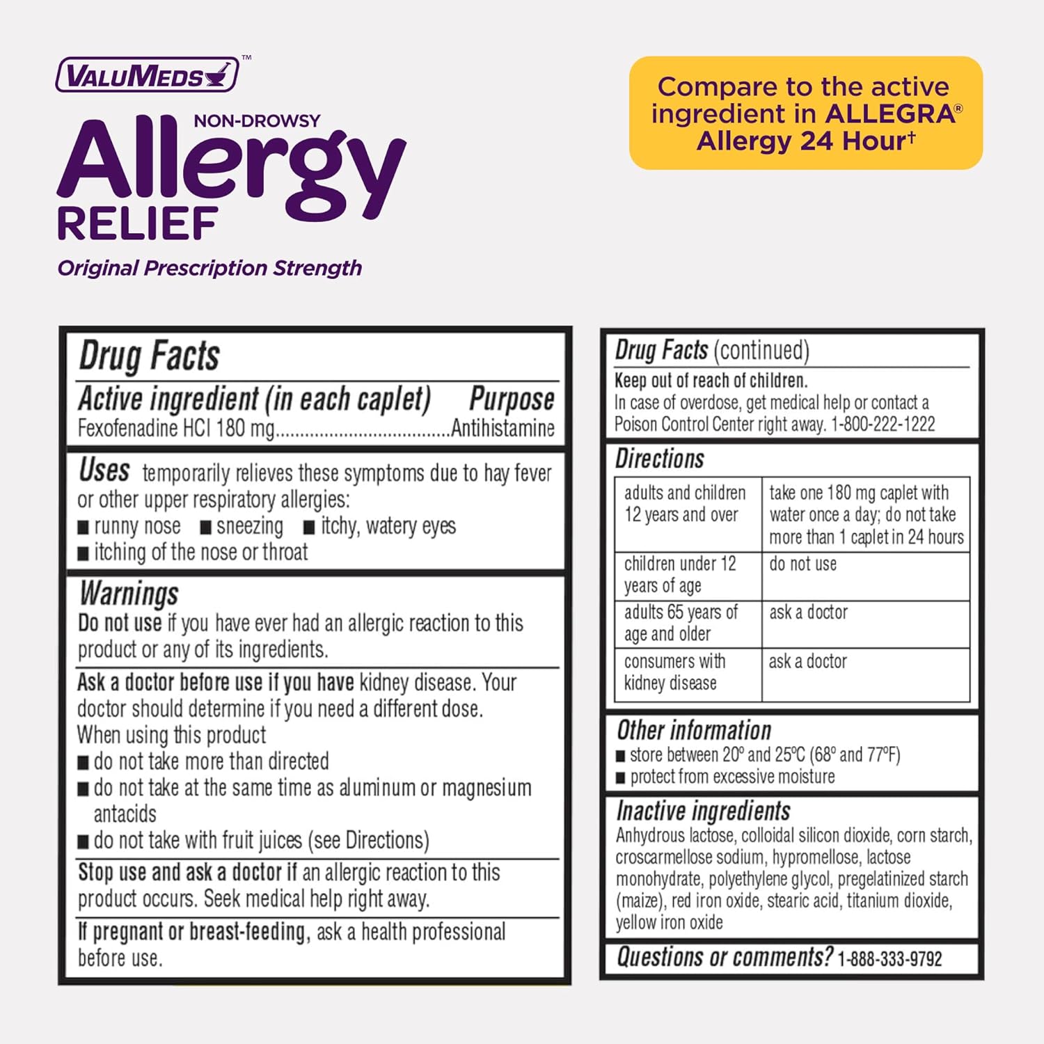 ValuMeds | Compare to Allegra | Fexofenadine HCl 180mg | 24-Hour Allergy Relief (100 Count)