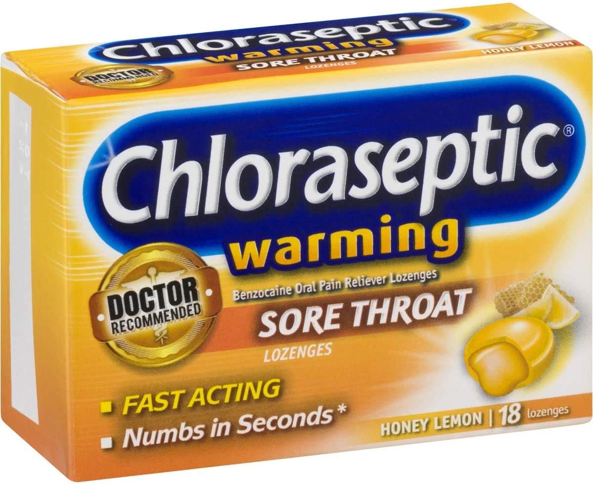 Chloraseptic Sore Throat Lozenges, Warming with Real Honey Honey Lemon, 18 ct (Pack of 1)