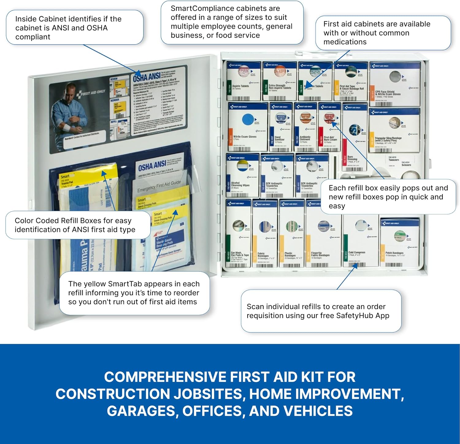 First Aid Only 746000 SmartCompliance 50-Person, Large Metal First Aid Cabinet with Medications, 241 Pieces