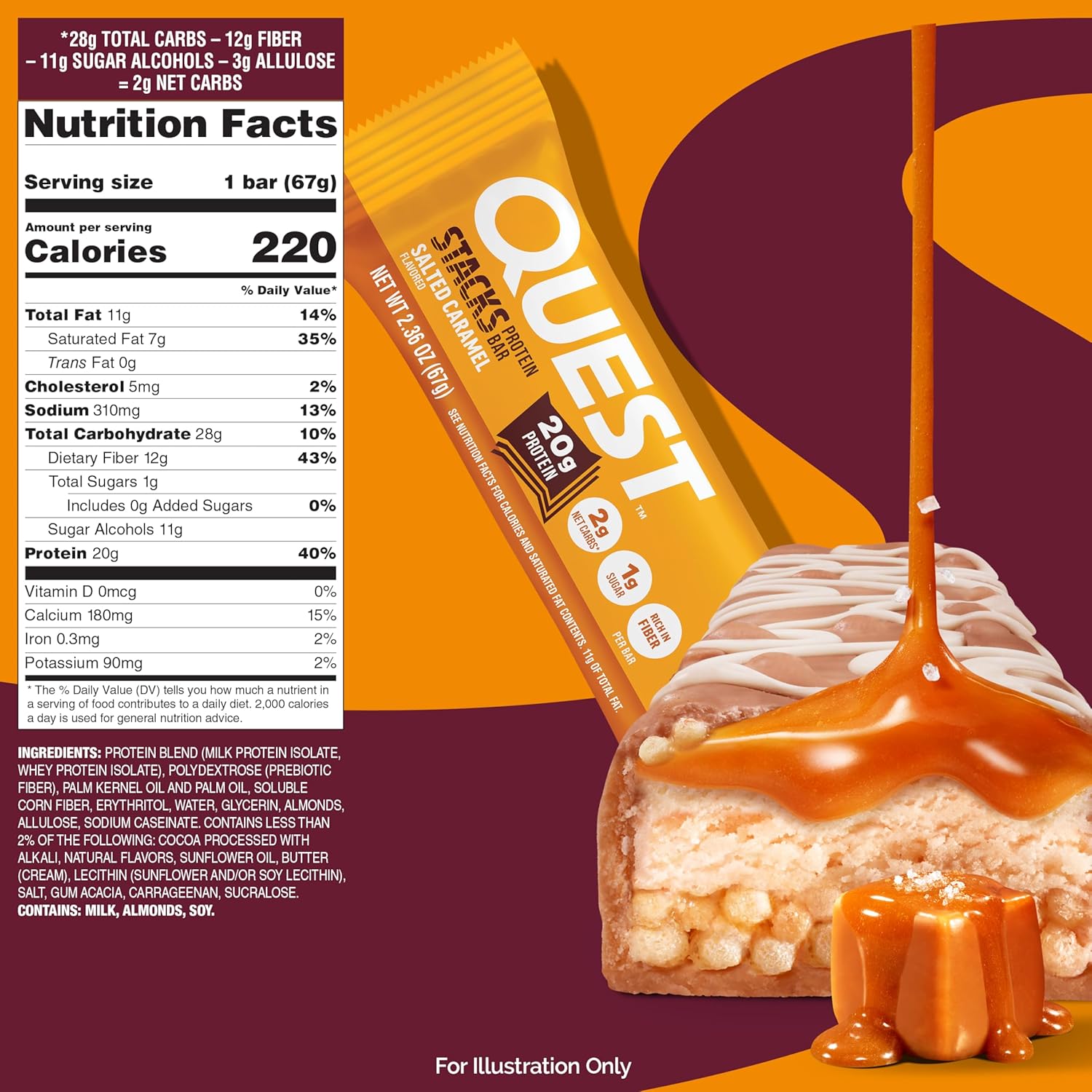 Quest Nutrition Stacks Protein Bars, Salted Caramel Flavor, 20g Protein, 4 Count