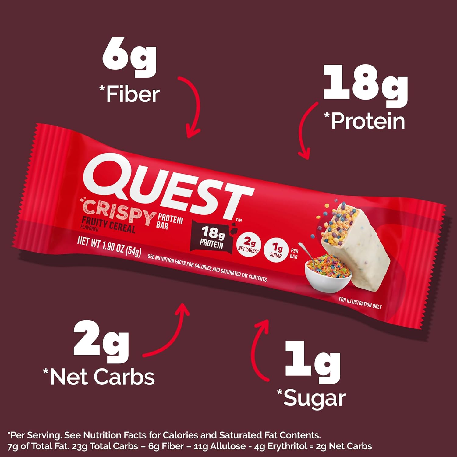 Quest Nutrition Crispy Protein Bar, Fruity Cereal Flavor, 18g Protein, 1g Sugar, 2g Net Carbs, Low Sugar, 12 Count