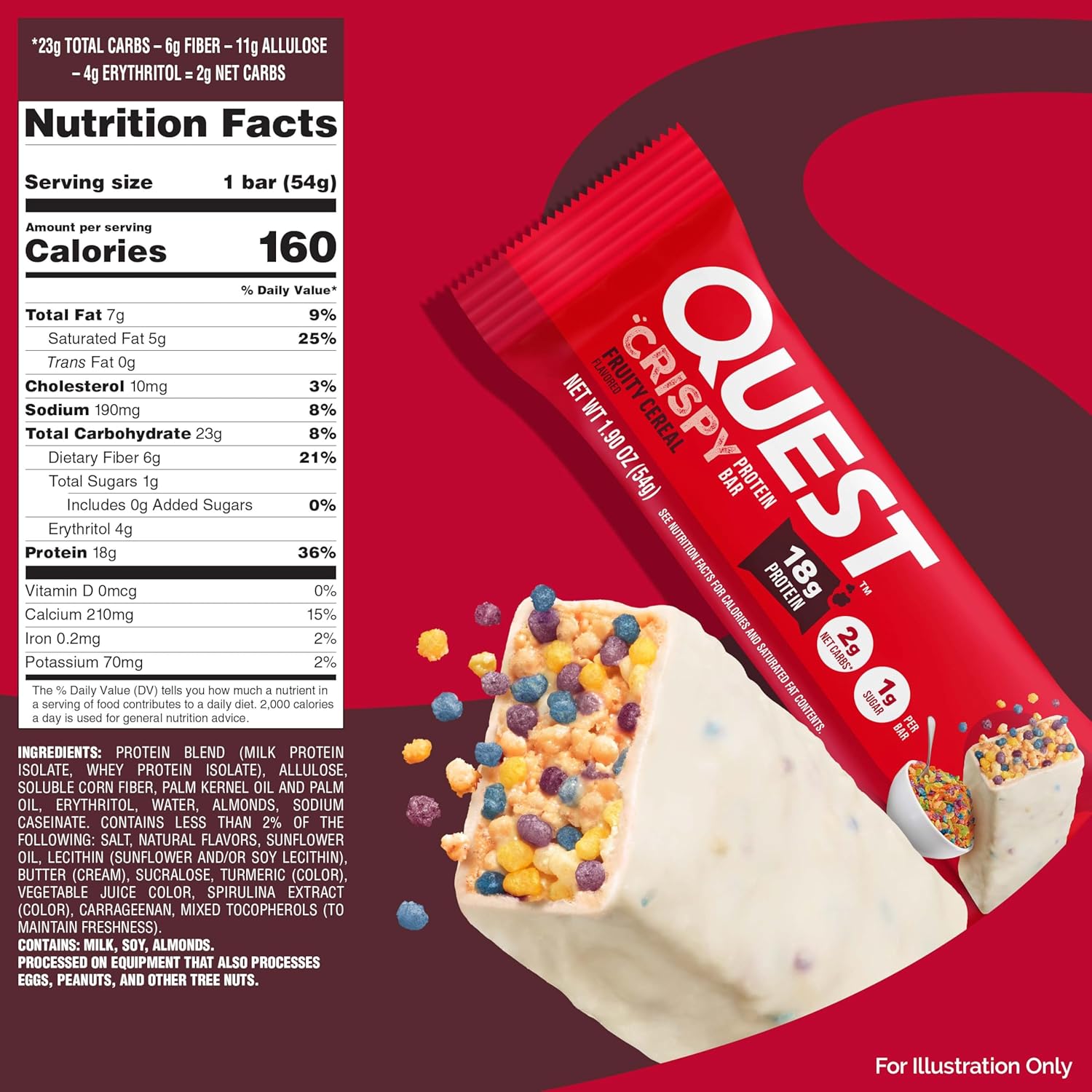 Quest Nutrition Crispy Protein Bar, Fruity Cereal Flavor, 18g Protein, 1g Sugar, 2g Net Carbs, Low Sugar, 12 Count