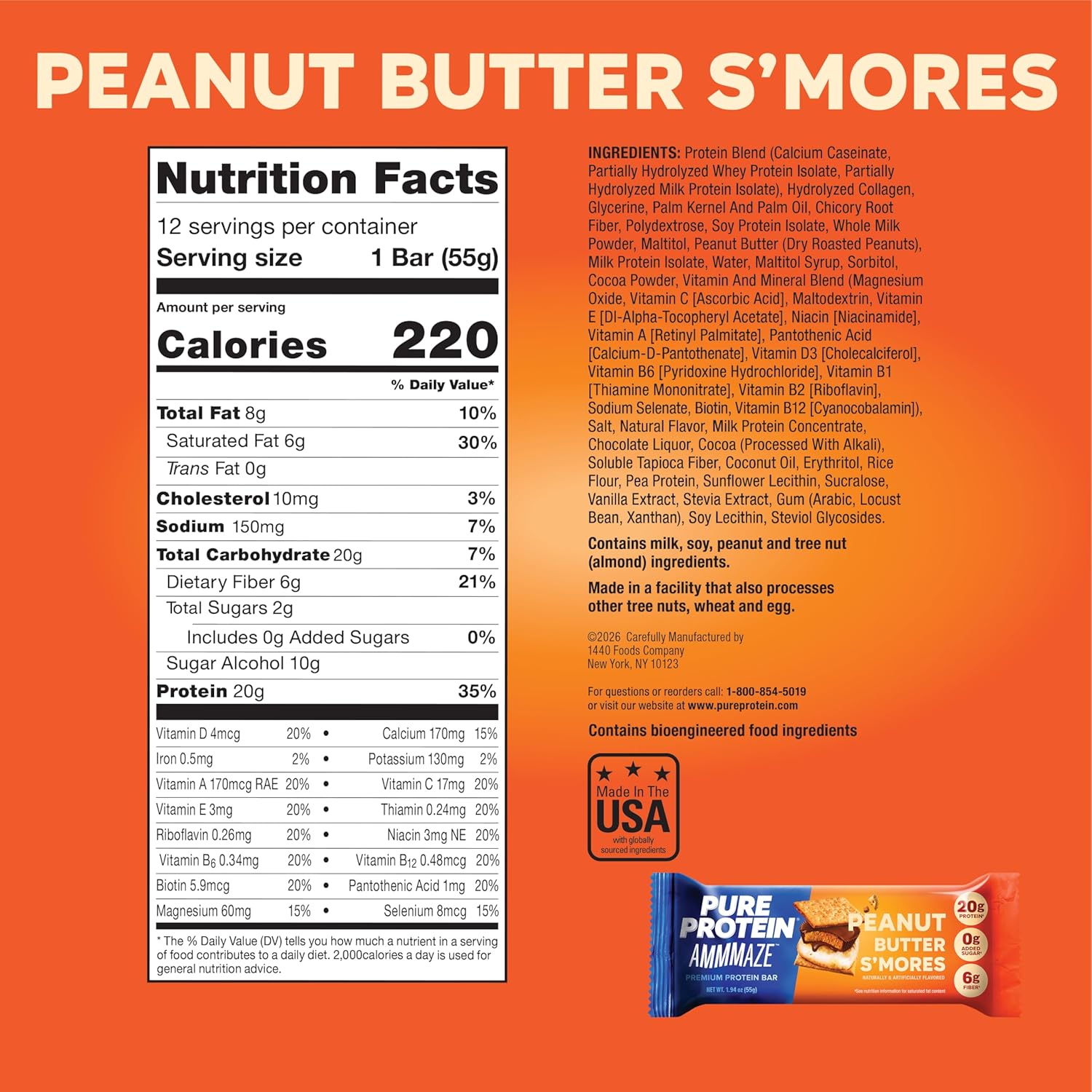 Pure Protein AMMMAZE Peanut Butter S’mores Bars, 20g Protein, 12 Count – Meal Replacement Bar for On-the-Go