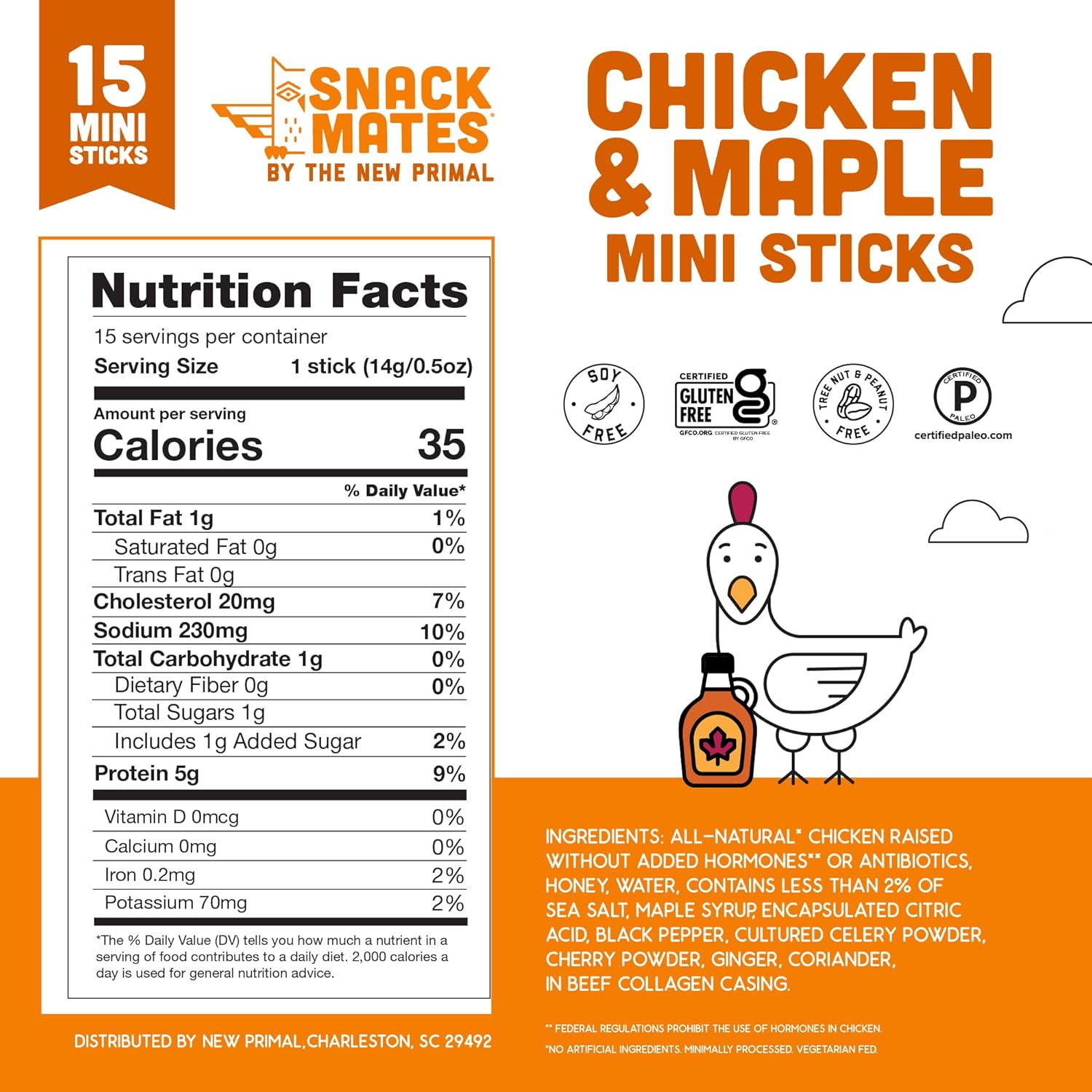 The New Primal Snack Mates Chicken & Maple Sticks, Gluten Free Healthy Snacks for Kids, 15 Pack