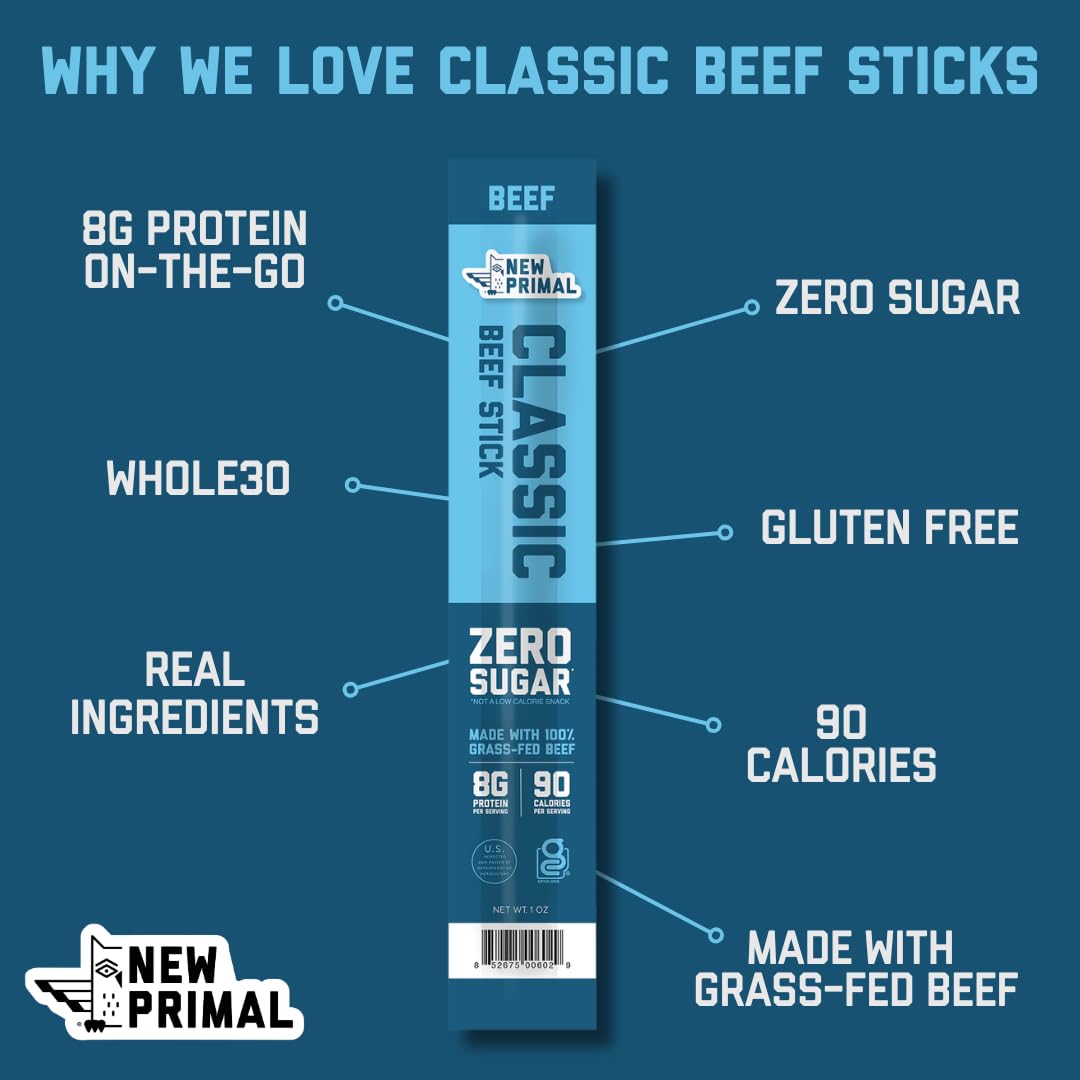The New Primal Grass Fed Beef Sticks, Keto, Gluten Free Healthy Snacks for Adults, 8g Protein, 90 Calories, 20 Pack
