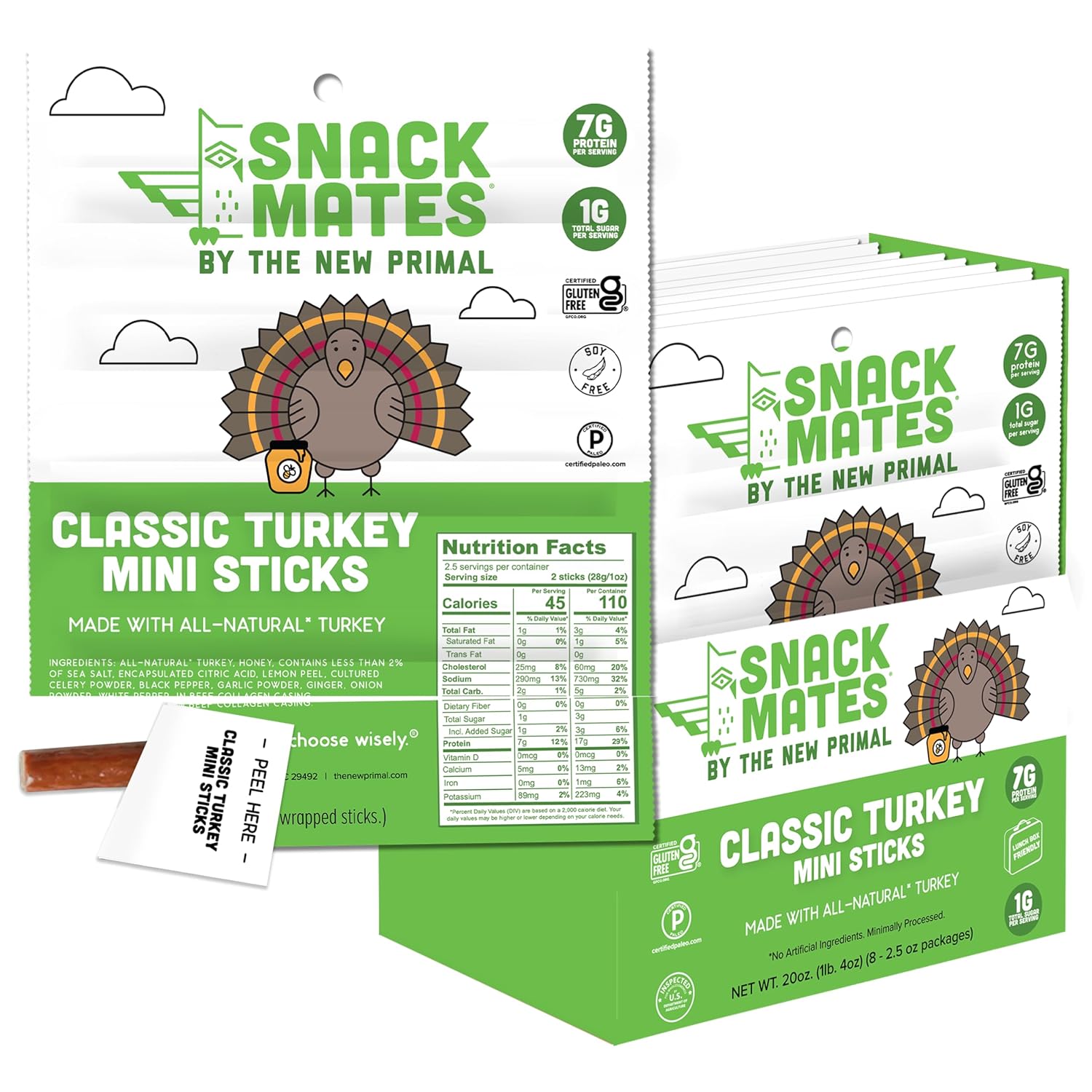 New Primal Snack Mates Turkey Sticks, Gluten Free Healthy Snacks for Kids, Low Sugar High Protein, 40 Pack